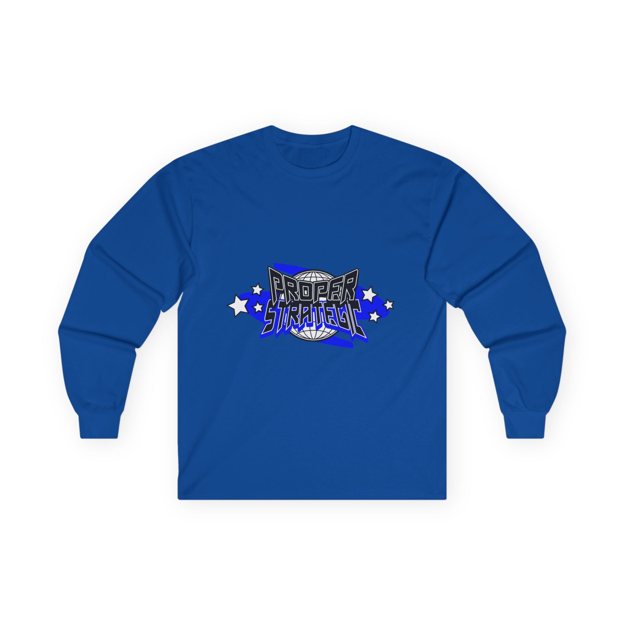 Proper Strategic Long Sleeve Tee — Retro Blue Graphic Shirt for Gamers & Strategists