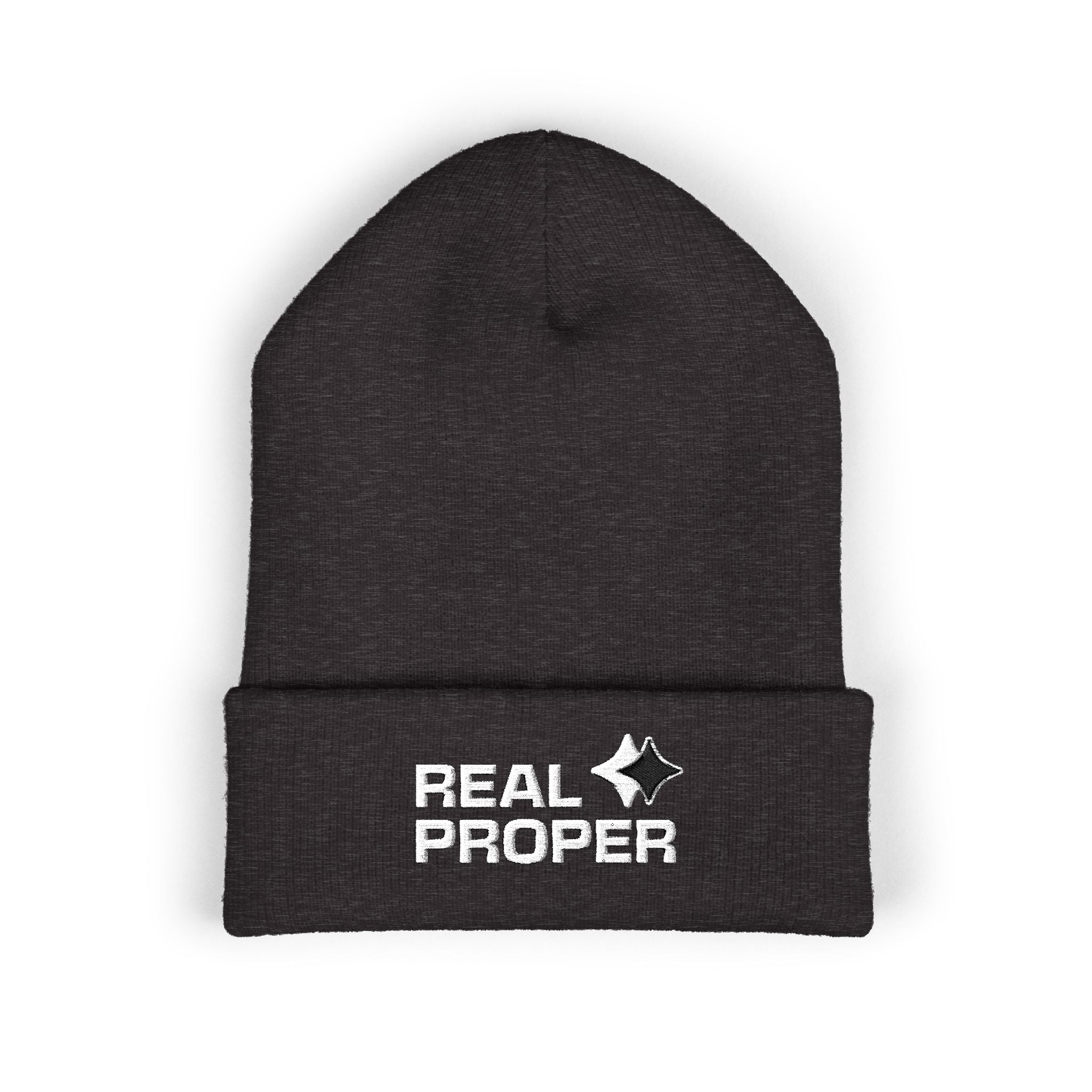 Embroidered 'Real Proper' Cuffed Beanie — Warm Knit Hat for Streetwear & Gifts