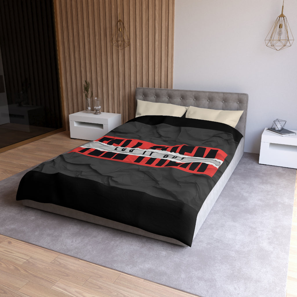 Duvet Cover — Bold 'Log It Out' Graphic Microfiber Duvet (Crinkled Black & Red)