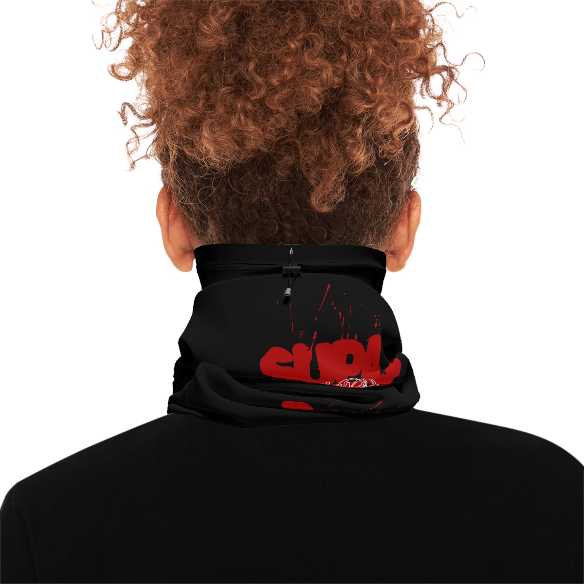 Neck Gaiter — Black 'Supa' Red Graphic Winter Face Mask with Drawstring