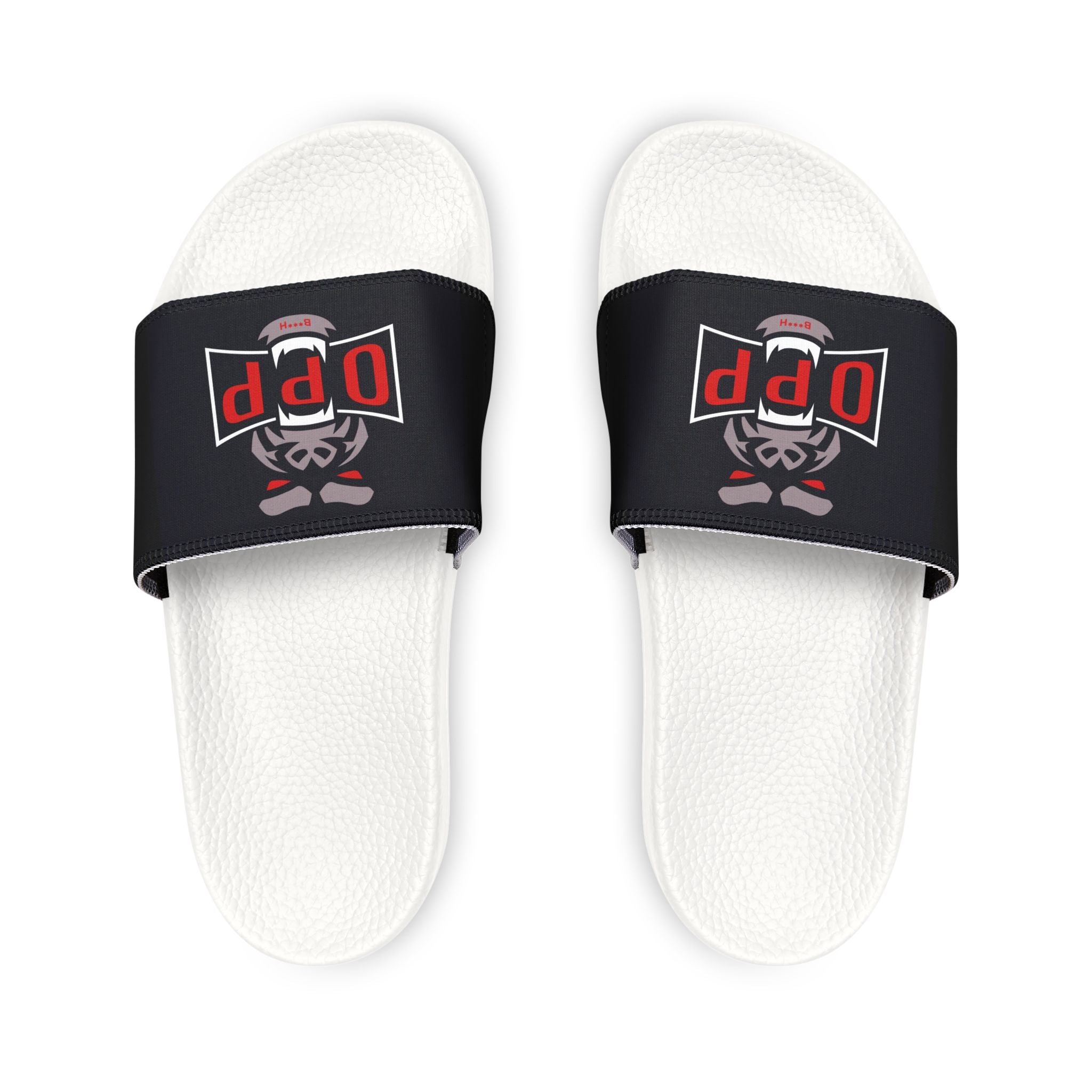 Women's Slide Sandals — Black Strap with 'Opp' Logo Graphic