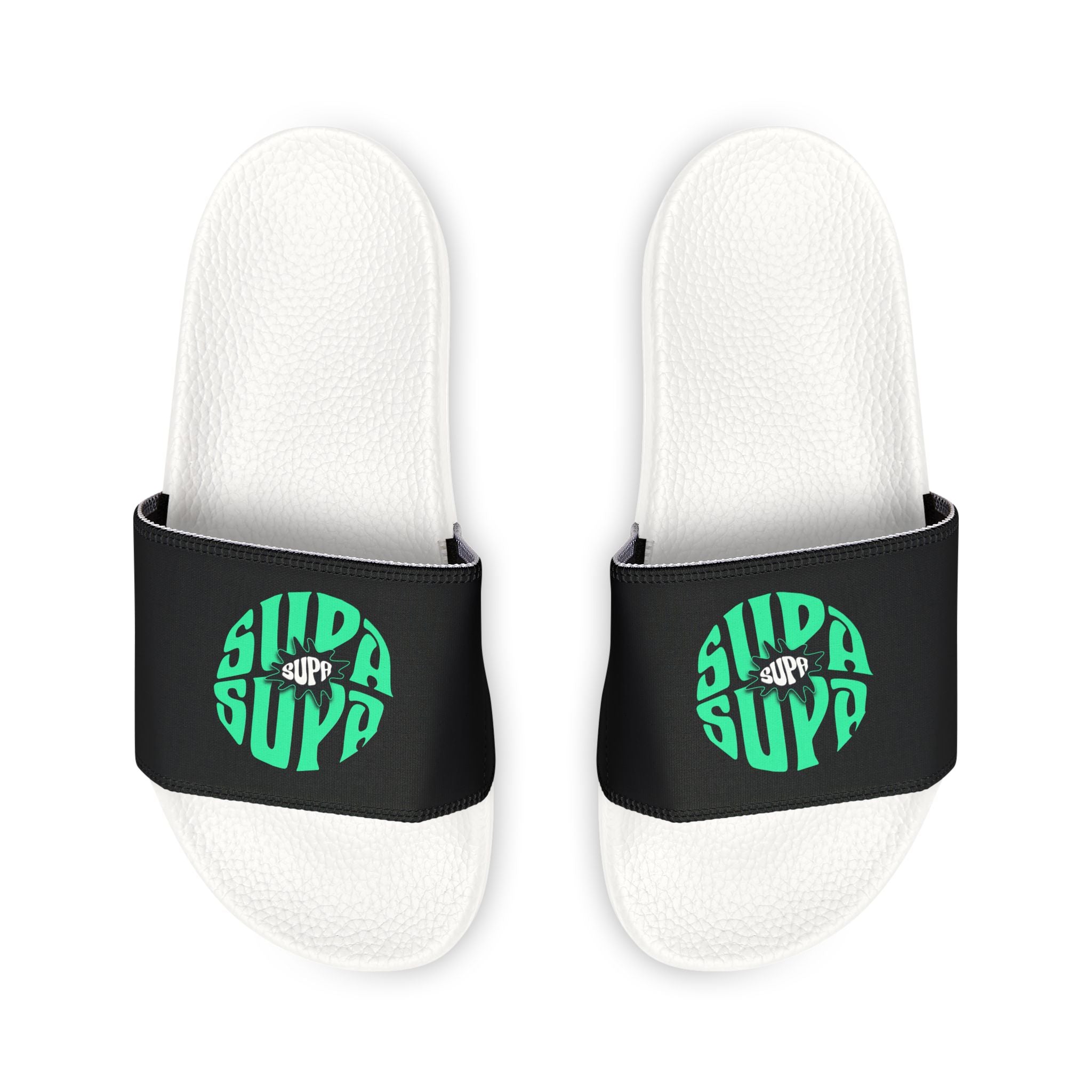 Slide Sandals — Supa Supa Removable‑Strap Slides with Aqua Circular 'Slides' Graphic