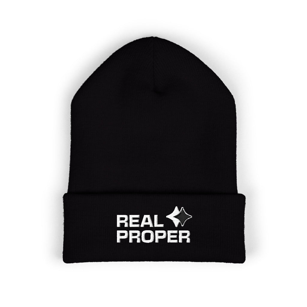 Embroidered 'Real Proper' Cuffed Beanie — Warm Knit Hat for Streetwear & Gifts