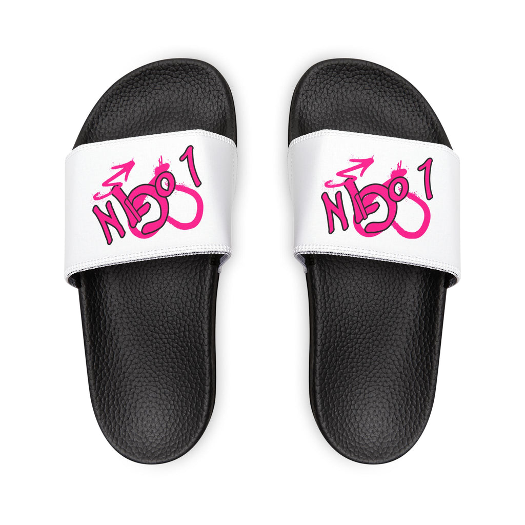 Women's Slide Sandals — White Removable-Strap Slides with Pink Graffiti "LOGIN" Design