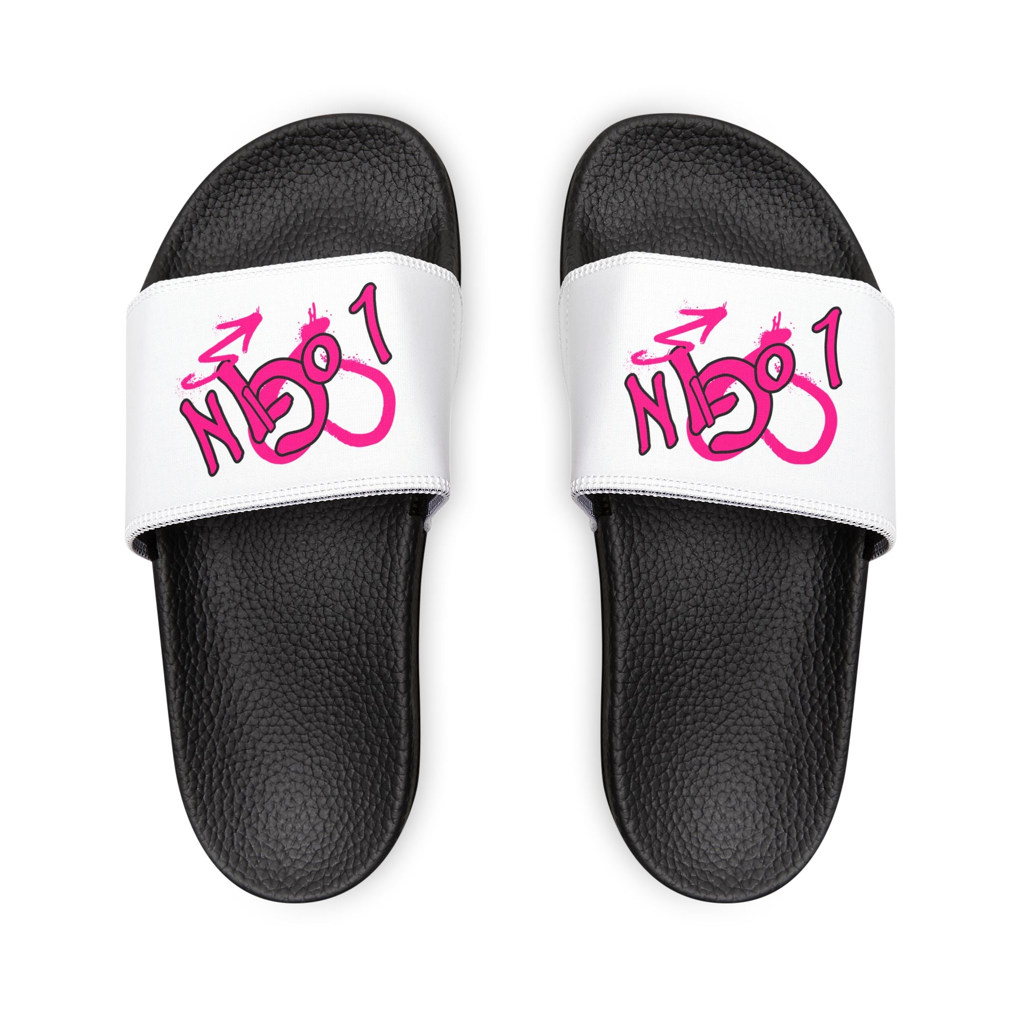 Women's Slide Sandals — White Removable-Strap Slides with Pink Graffiti "LOGIN" Design