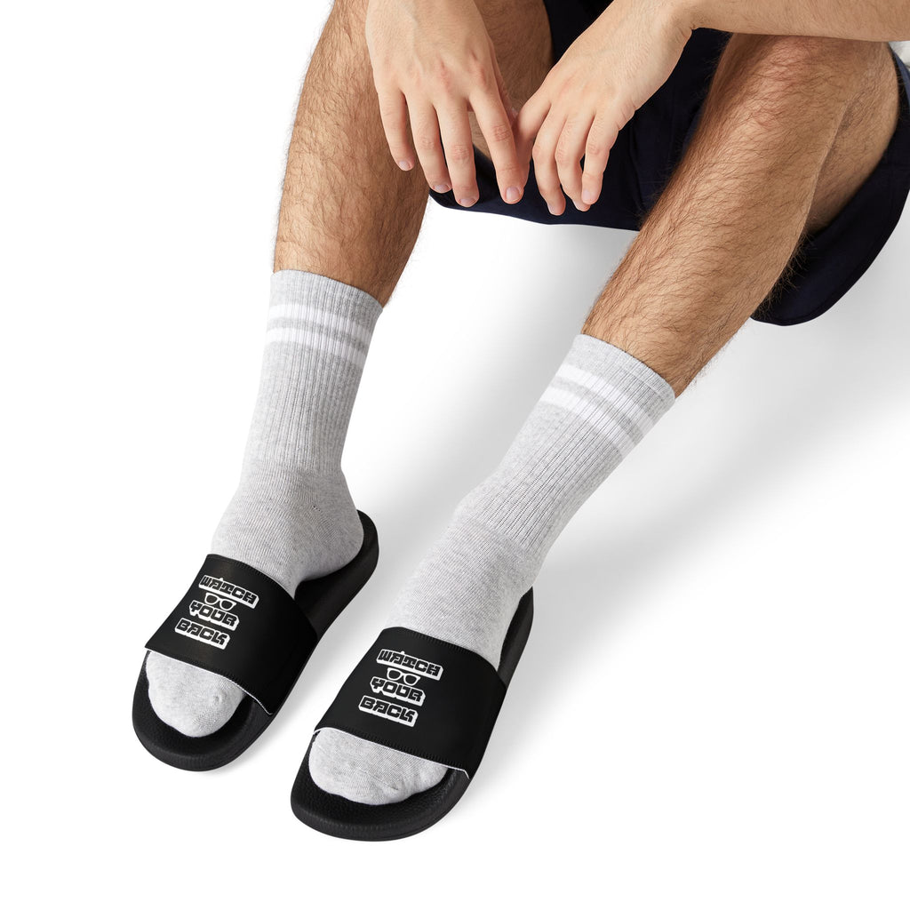 Mens Slide Sandals — Black Strap Slides with Retro "Watch your back" Logo