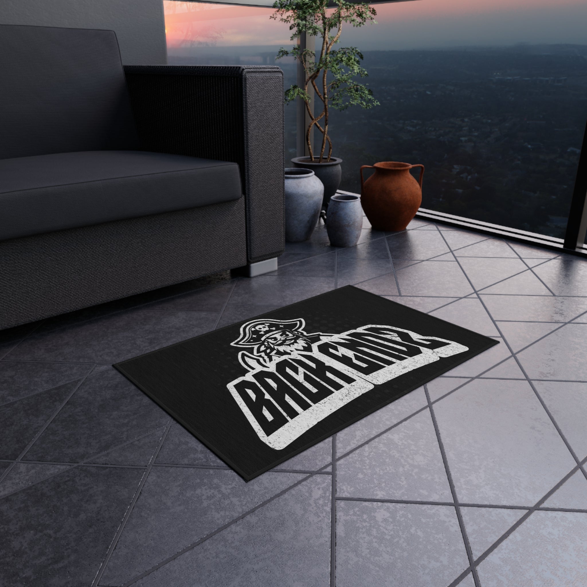 Pirate Logo Outdoor Rug — 'Back Endz' Doormat for Patio, Deck & Entryway