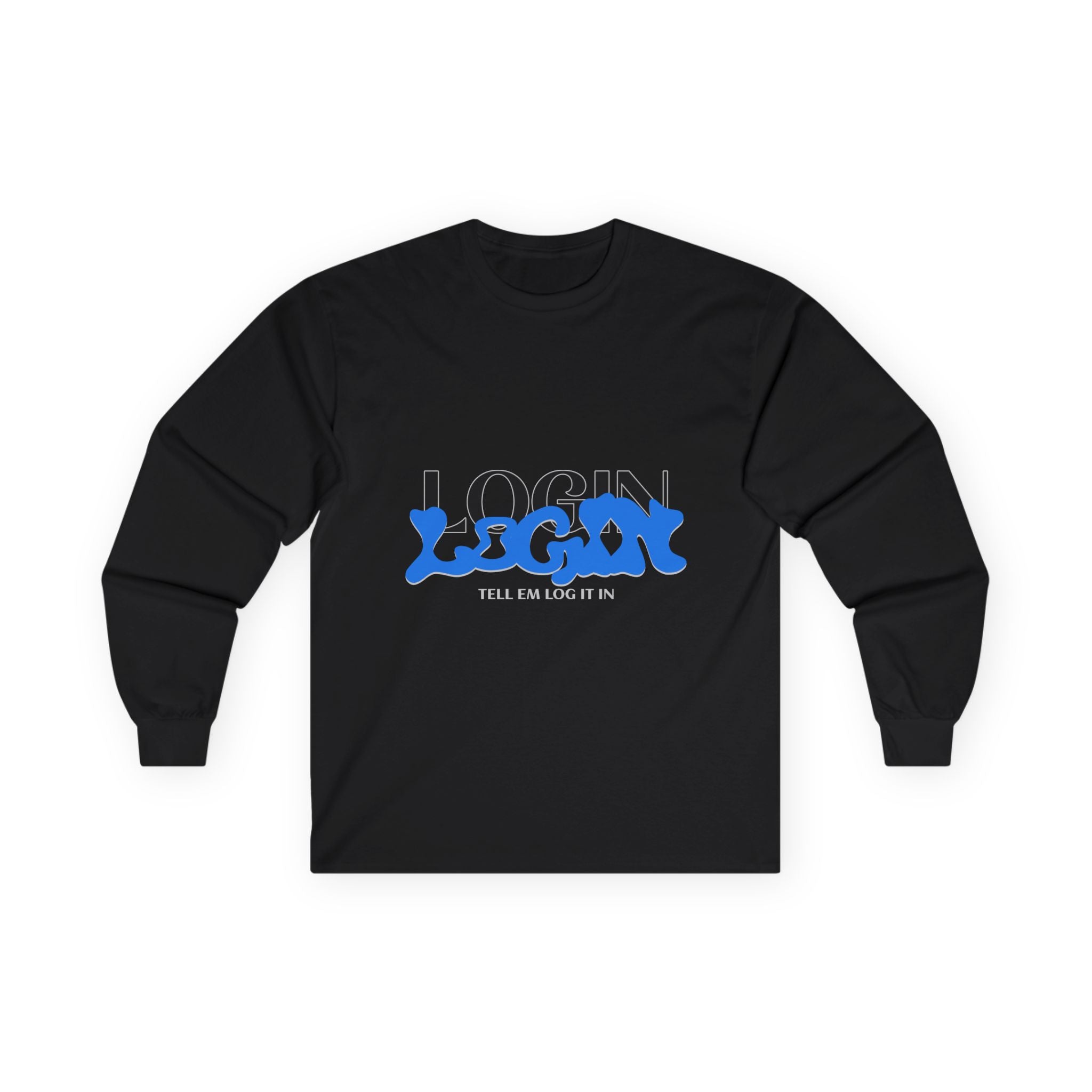 Long Sleeve Tee — "Login" Blue Script Graphic