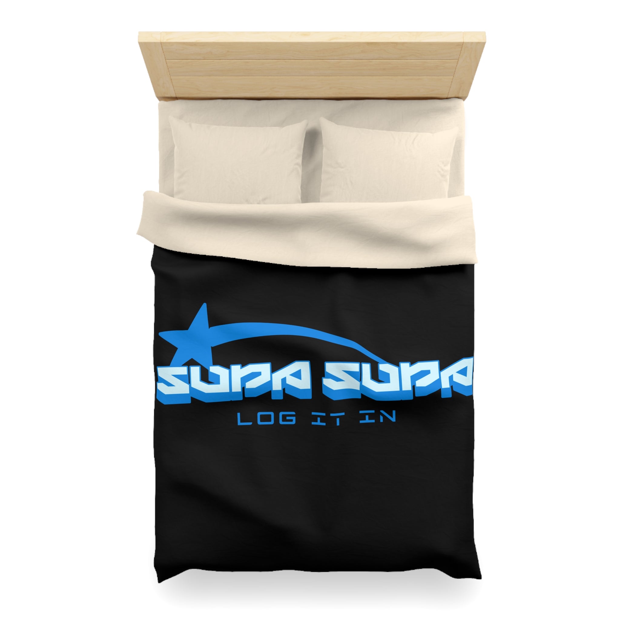 Duvet Cover — Black 'Supa Supa Log It In' Graphic Microfiber Bedding