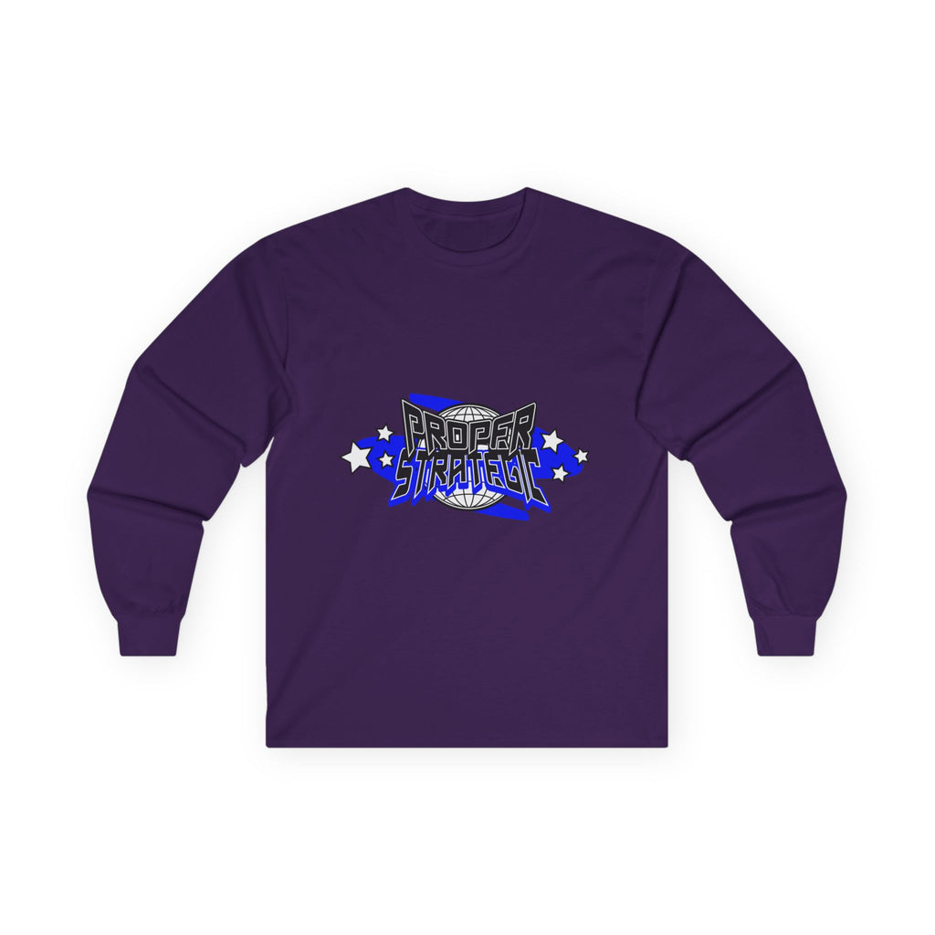 Proper Strategic Long Sleeve Tee — Retro Blue Graphic Shirt for Gamers & Strategists