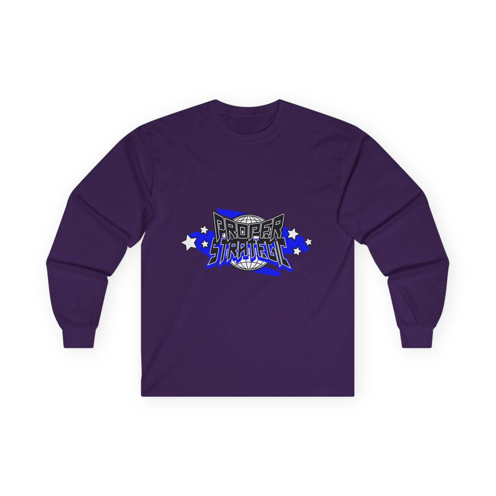 Proper Strategic Long Sleeve Tee — Retro Blue Graphic Shirt for Gamers & Strategists