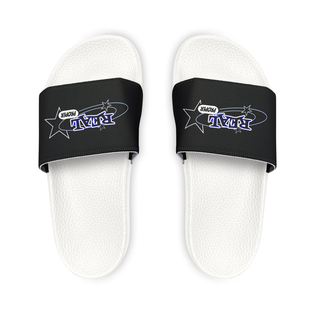 Youth Slide Sandals — Black Removable-Strap Slides with 'Real Proper' Graphic