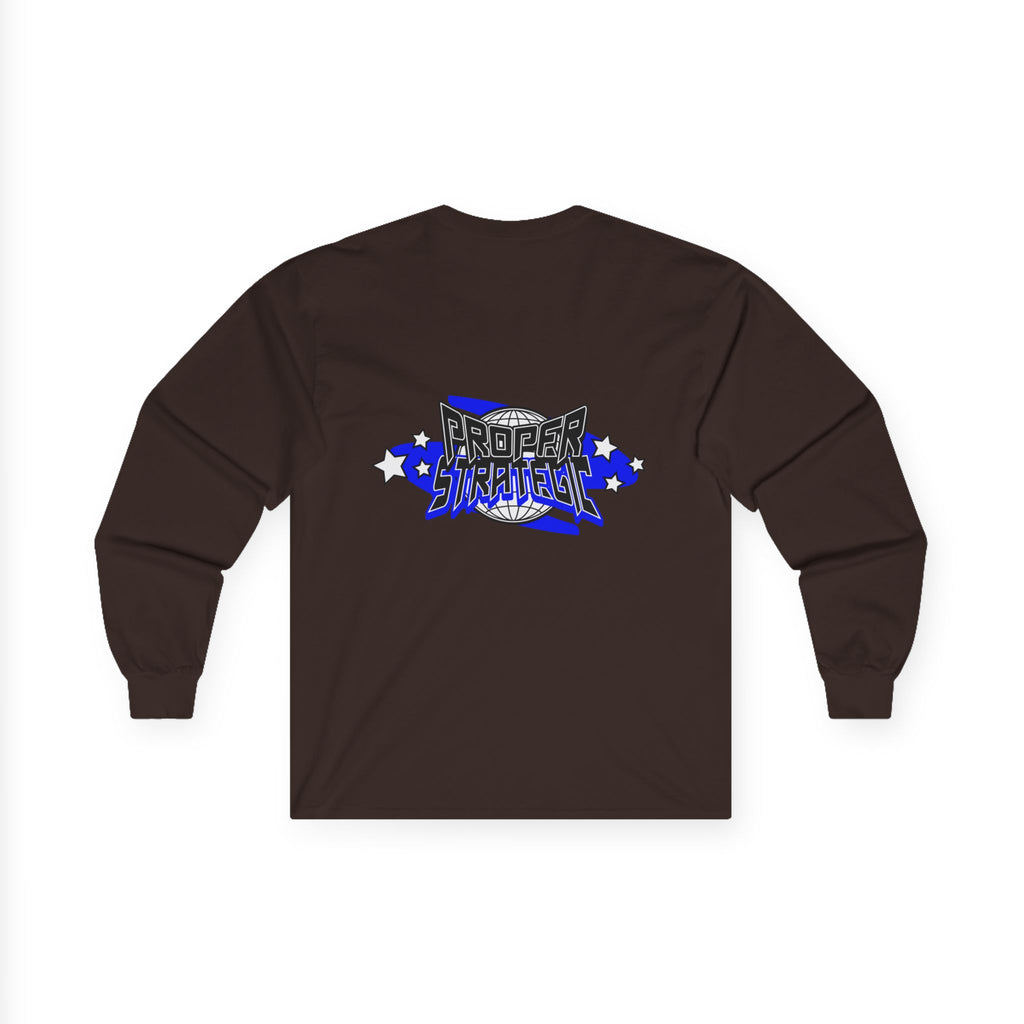 Proper Strategic Long Sleeve Tee — Retro Blue Graphic Shirt for Gamers & Strategists