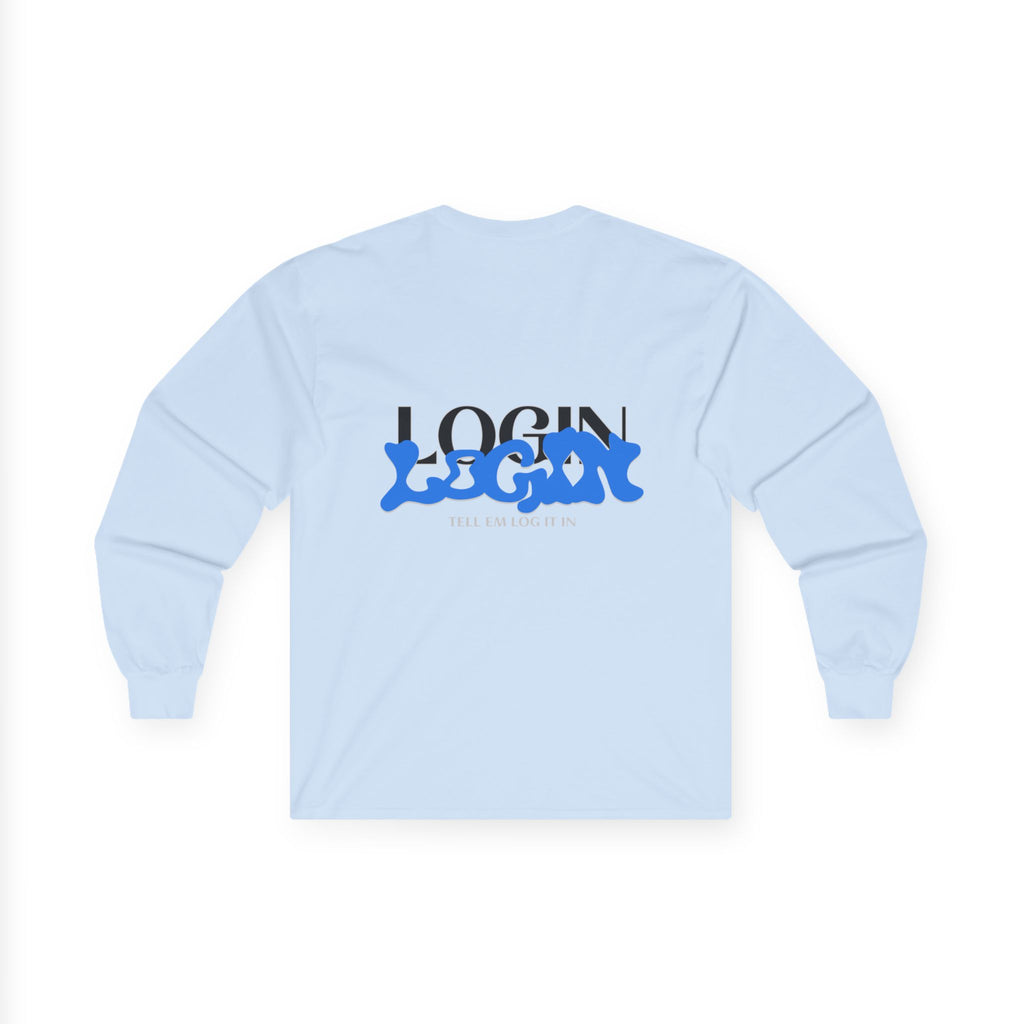 Long Sleeve Tee — "Login" Blue Script Graphic