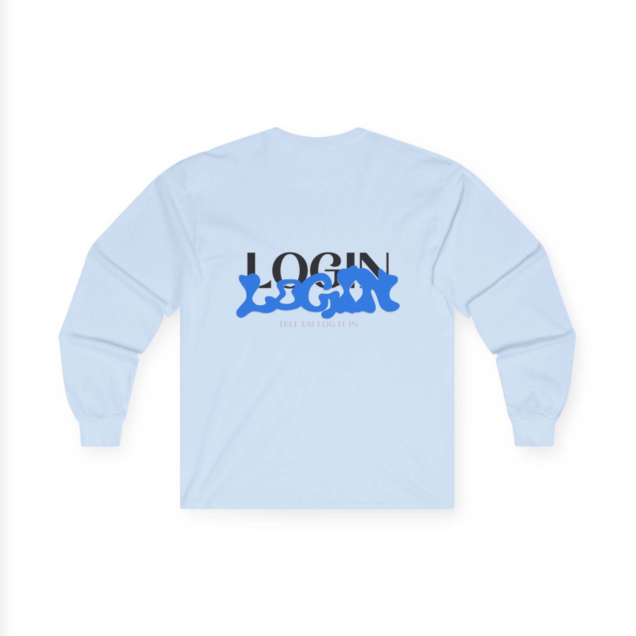 Long Sleeve Tee — "Login" Blue Script Graphic