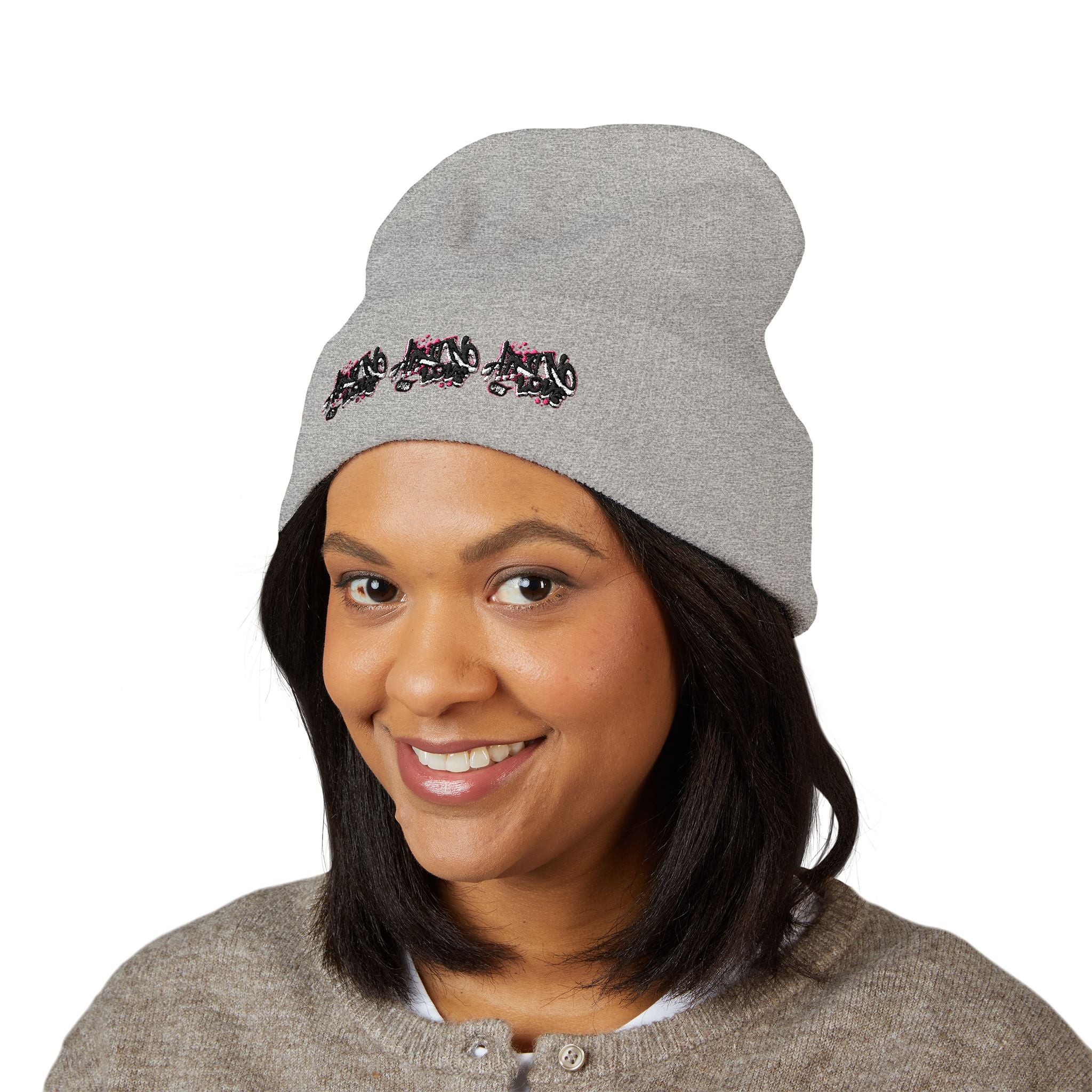 Embroidered Floral Beanie — "NO LOVE" Cuffed Knit Hat