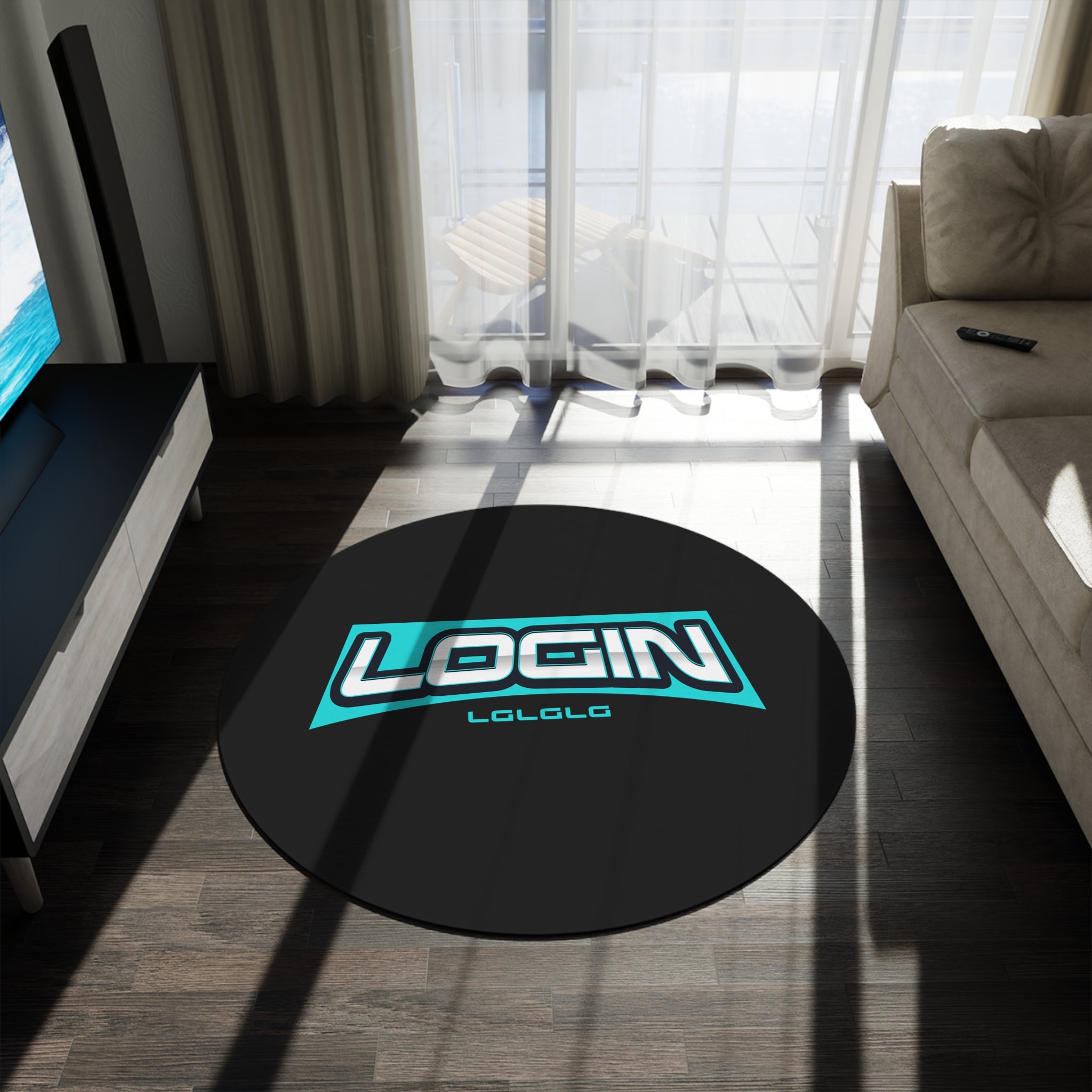 Round Rug — 'LOGIN' Gamer Logo Round Floor Mat, Teal & Black Gaming Room Accent