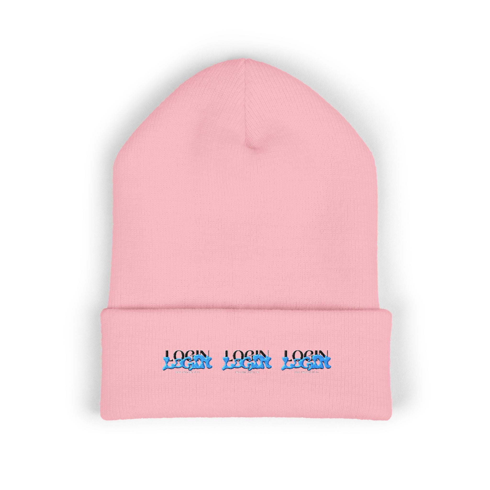 Embroidered 'Login' Cuffed Beanie — Minimal Winter Knit Hat