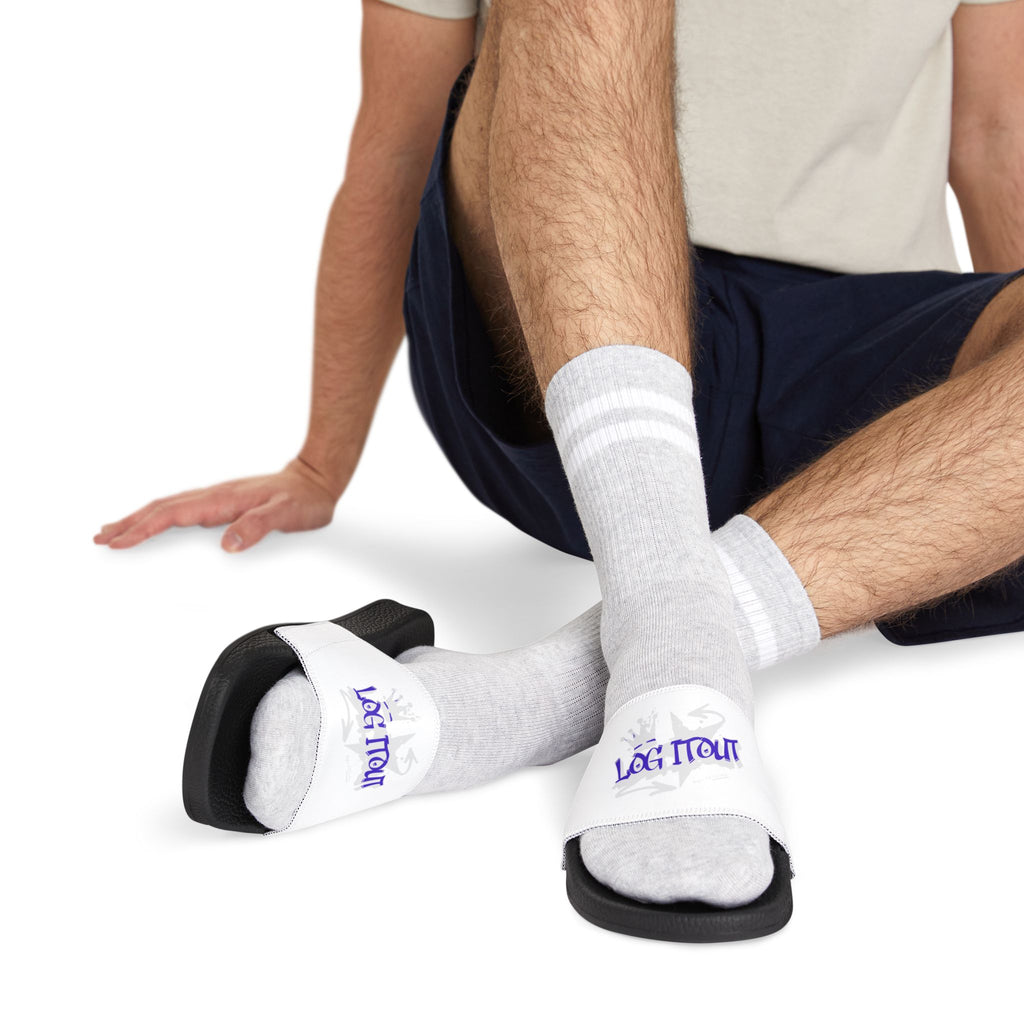 Men's Slide Sandals — White Removable-Strap Slides with 'Log it out' Graphic