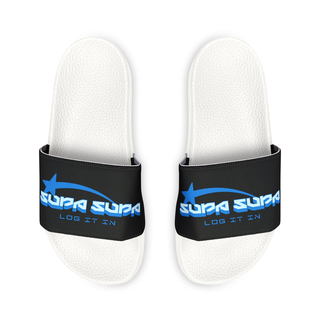 Youth Slide Sandals — Black Strap with Blue “SUPA SUPA” Logo