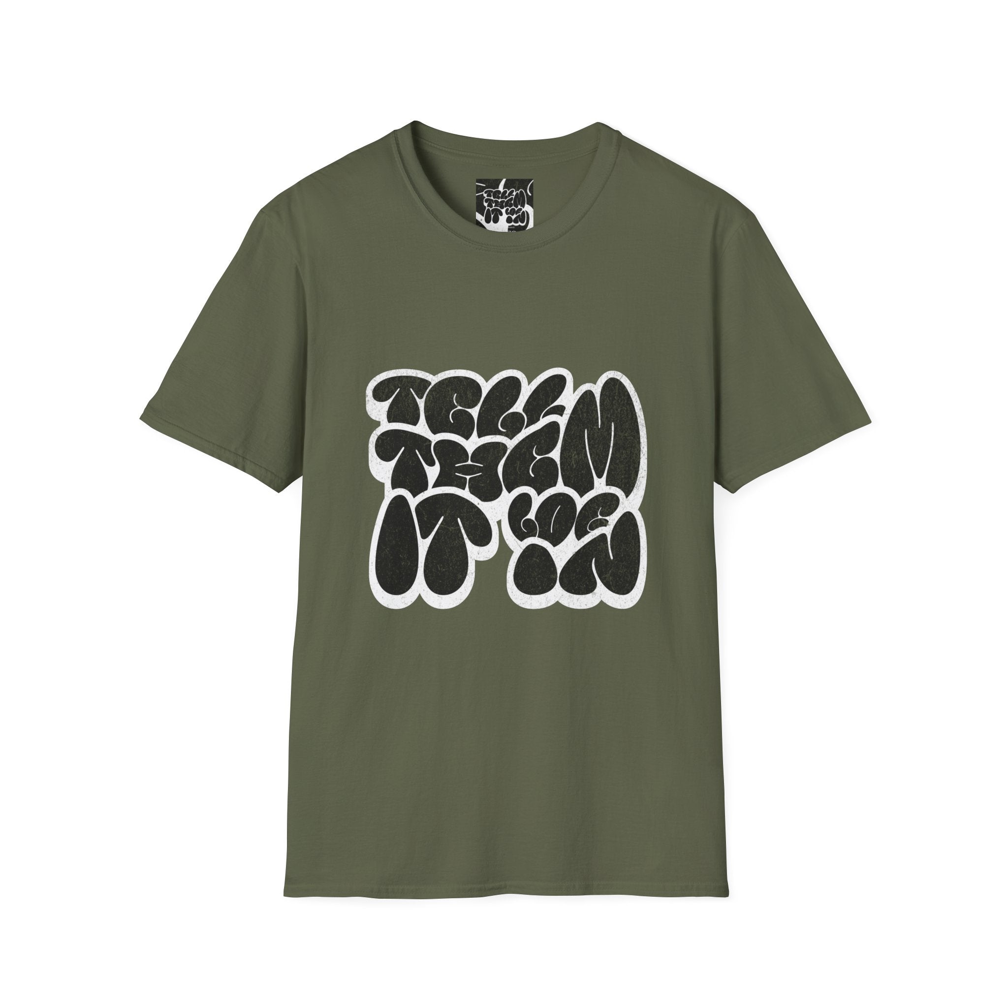 Abstract Bubble Letter Graphic "LOG IT IN" T-Shirt — Vintage Black Text Design