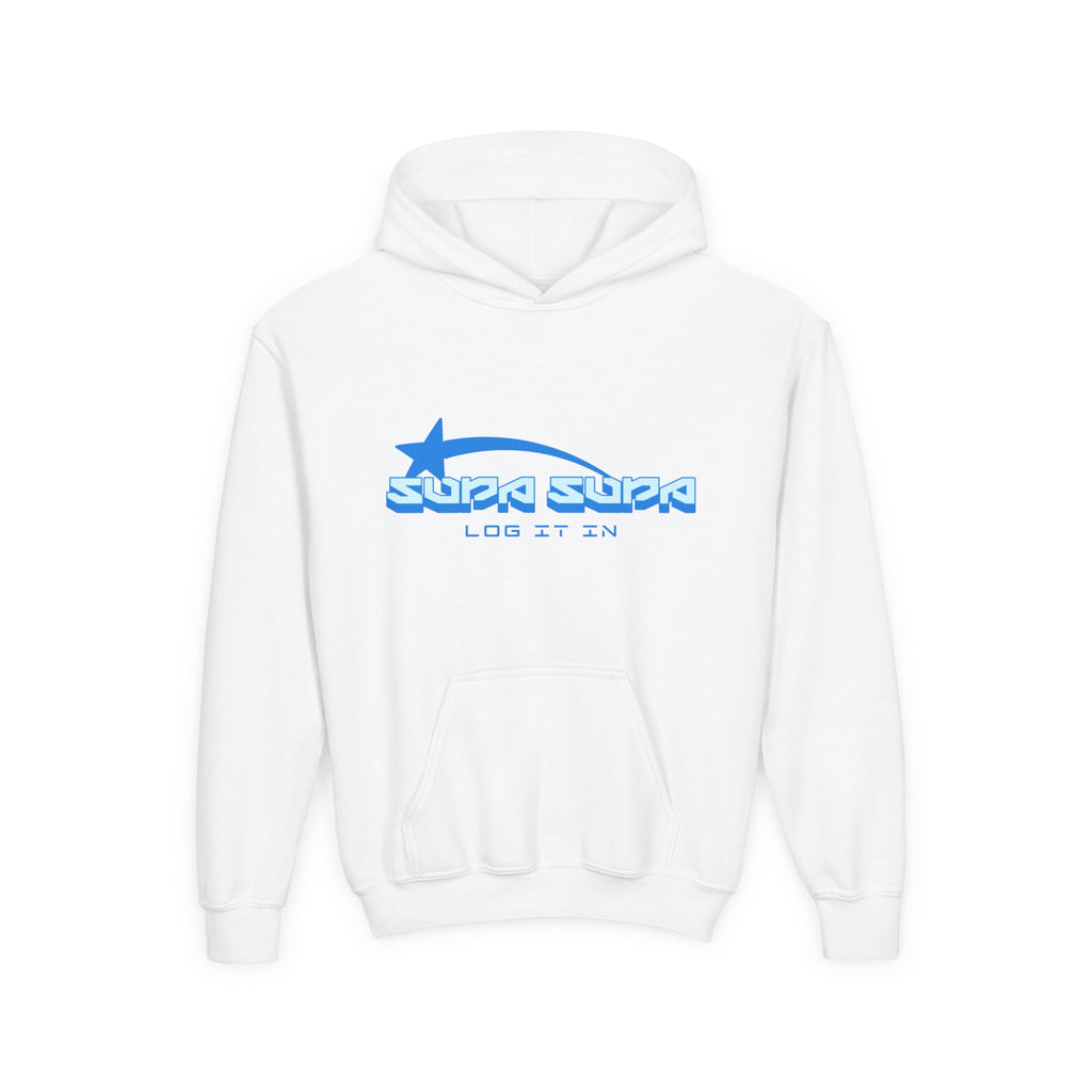 Youth Hoodie - Retro Blue "Supa Supa" Logo "Log It In" Graphic