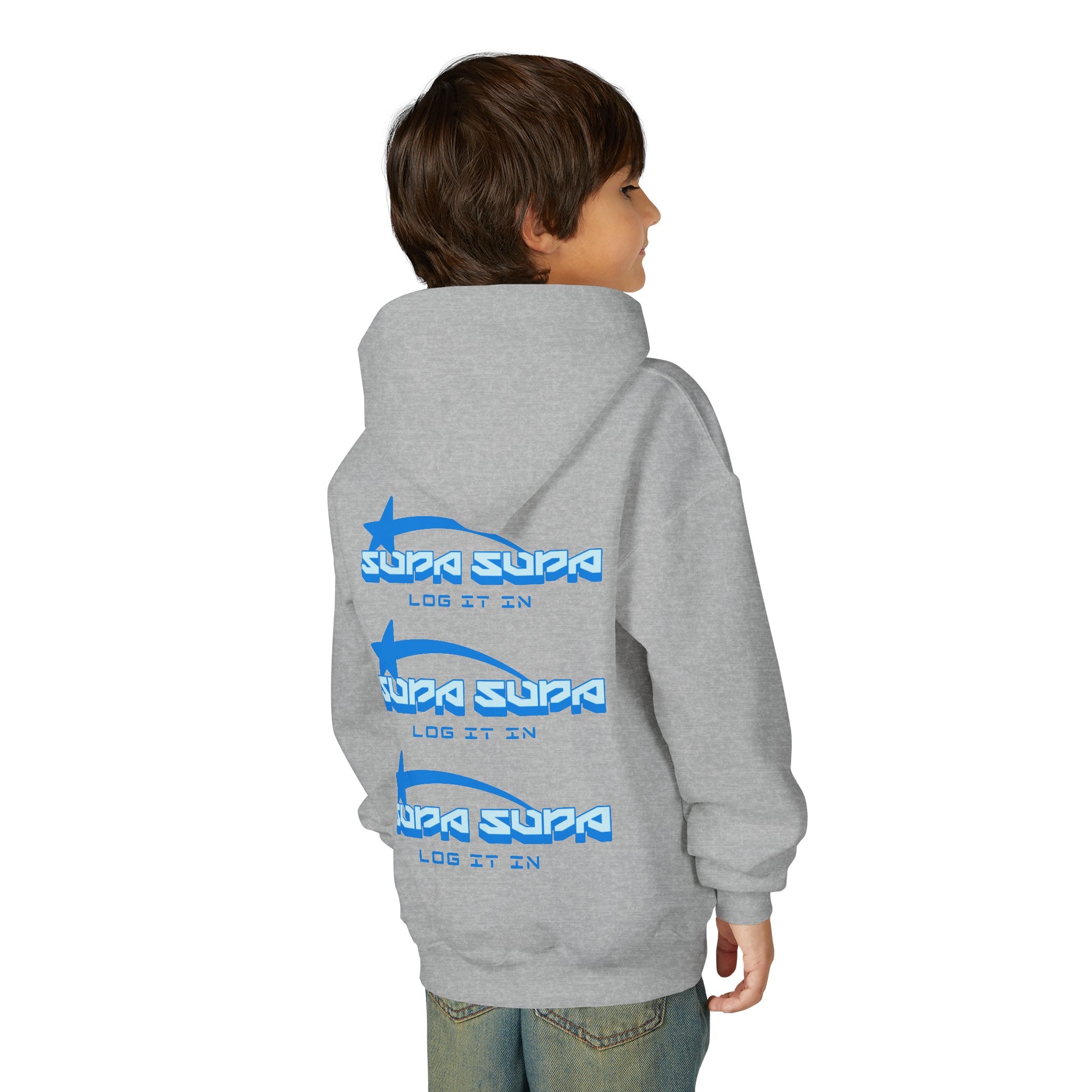 Youth Hoodie - Retro Blue "Supa Supa" Logo "Log It In" Graphic