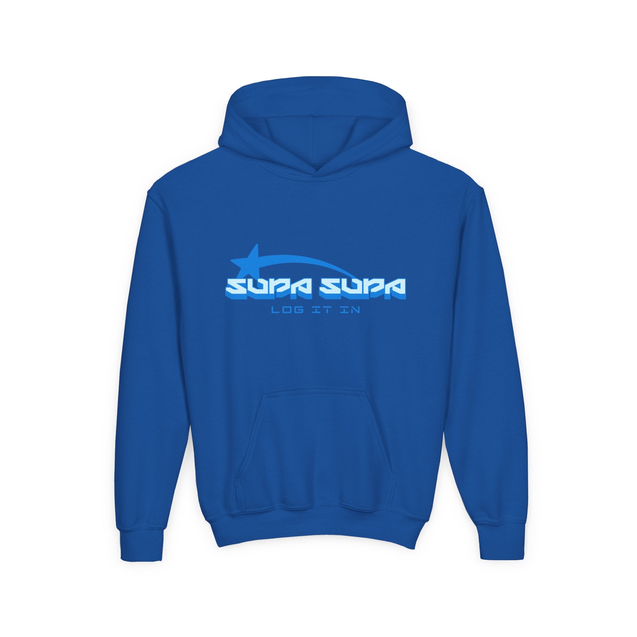 Youth Hoodie - Retro Blue "Supa Supa" Logo "Log It In" Graphic