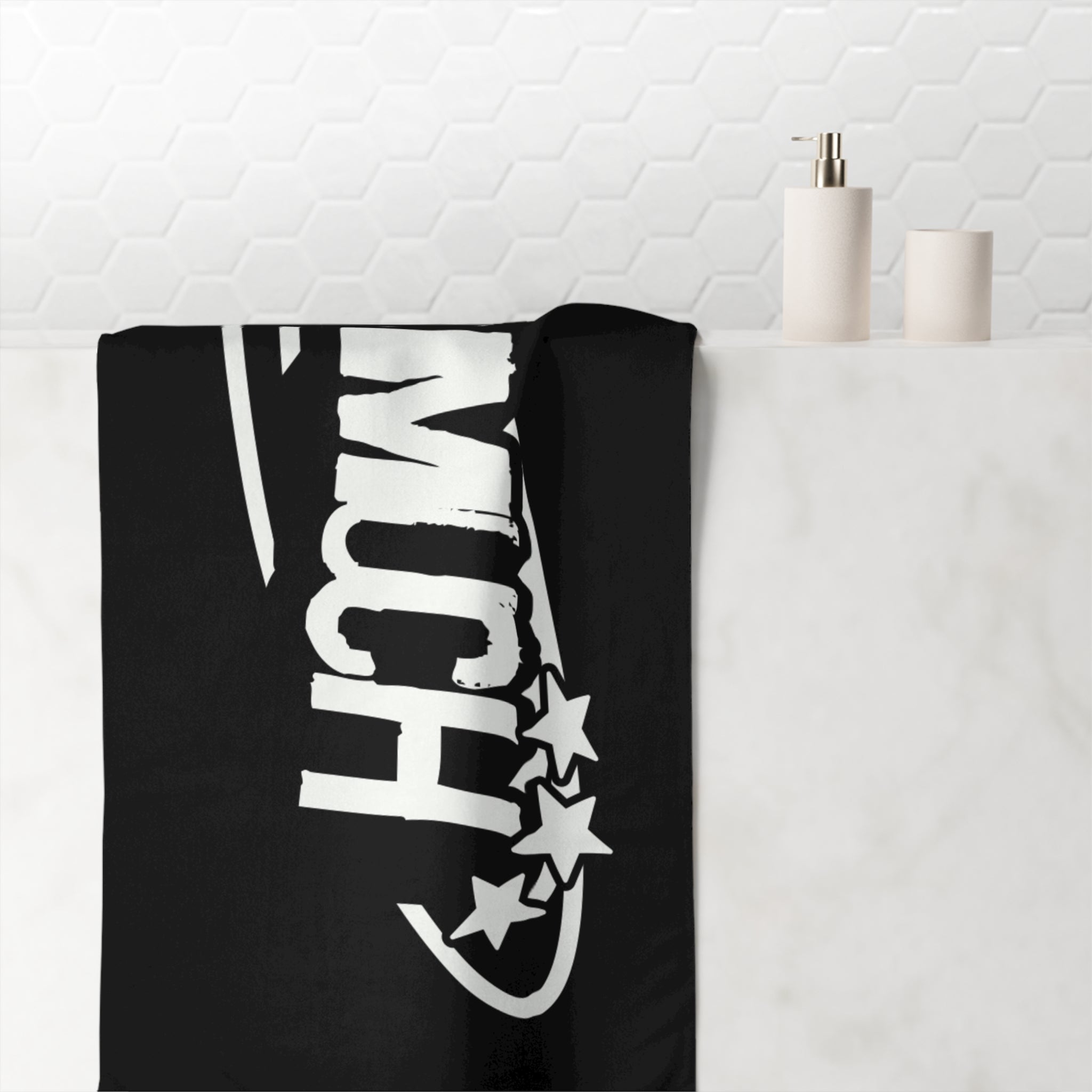 3 Much Graphic Beach Towel — Black Cotton Bath & Pool Towel with White Retro Stars