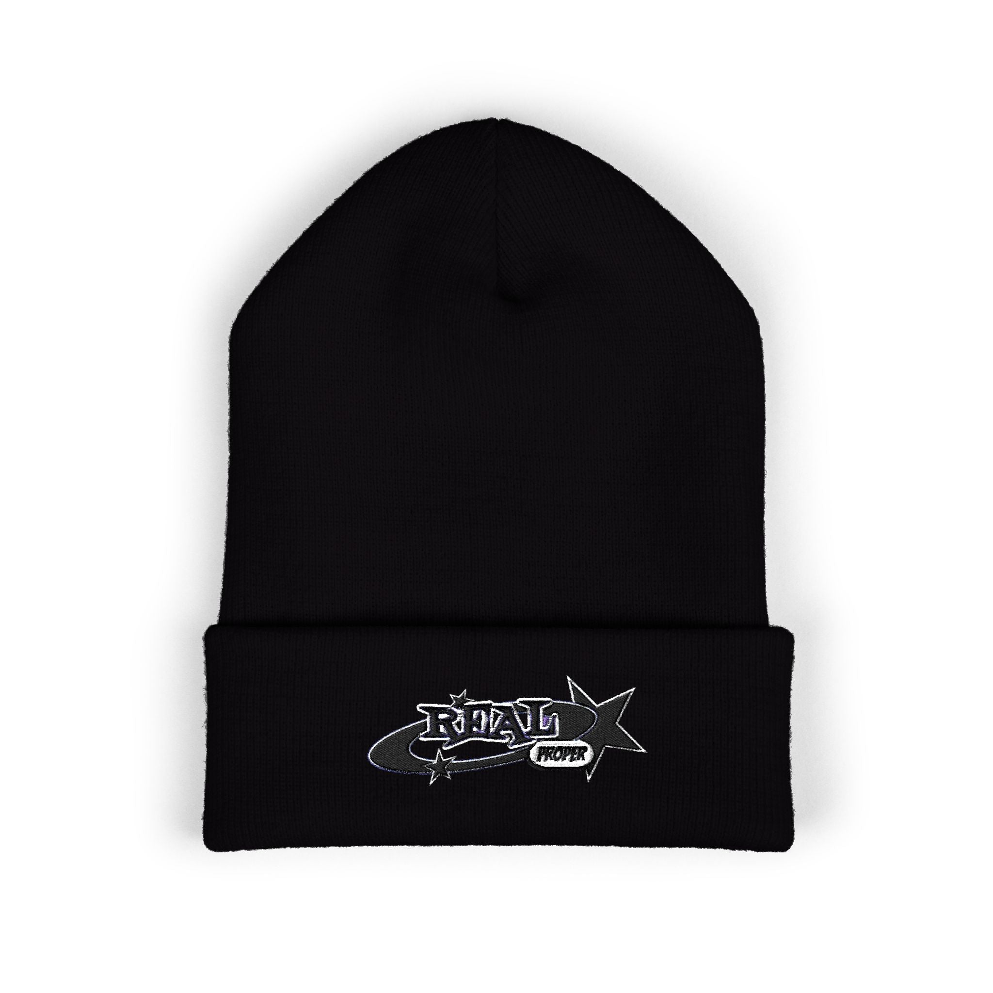 Embroidered 'Real Properl' Star Cuffed Beanie — Classic Winter Knit Hat
