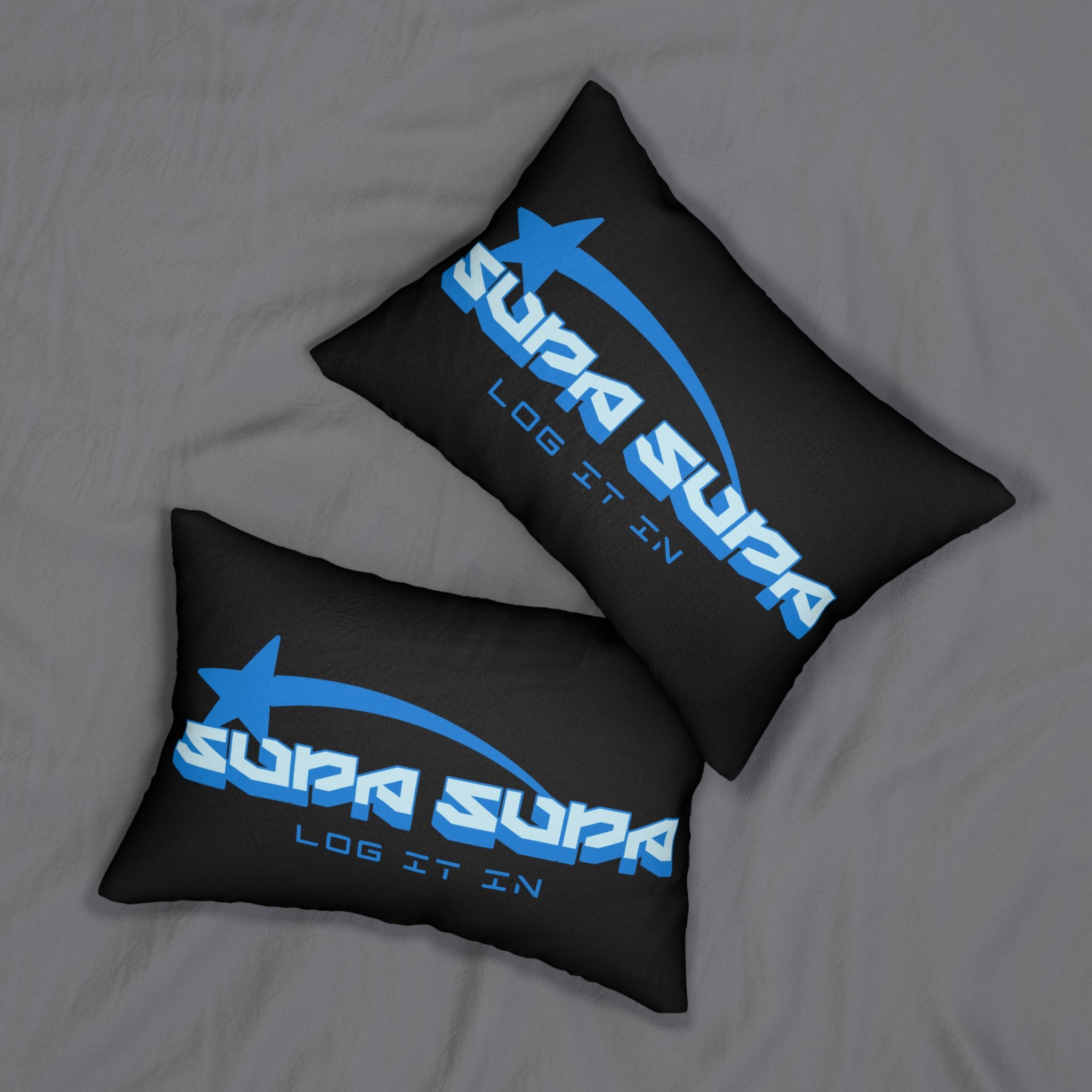 Lumbar Pillow — “Supa Supa: Log It In” Blue Graphic