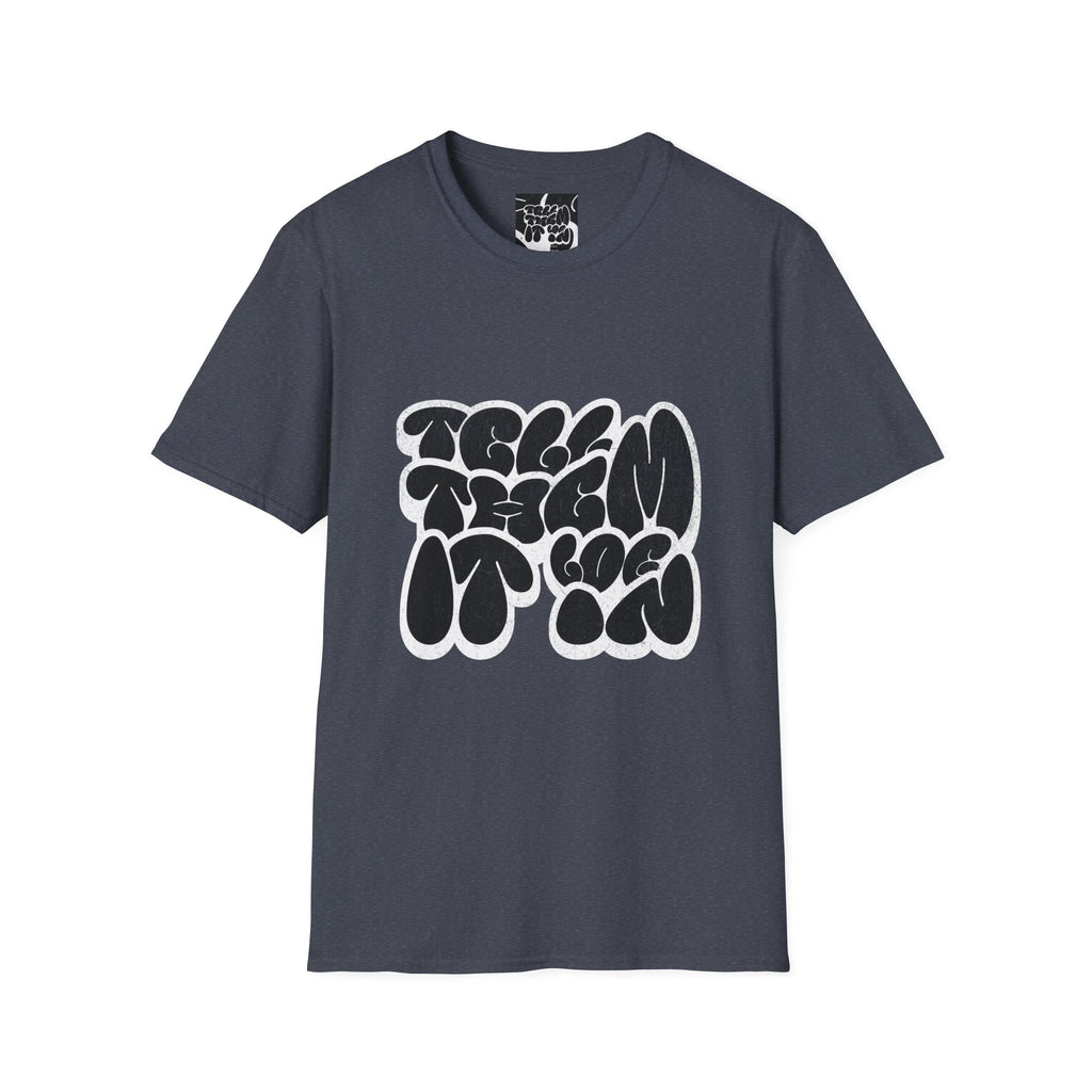 Abstract Bubble Letter Graphic "LOG IT IN" T-Shirt — Vintage Black Text Design