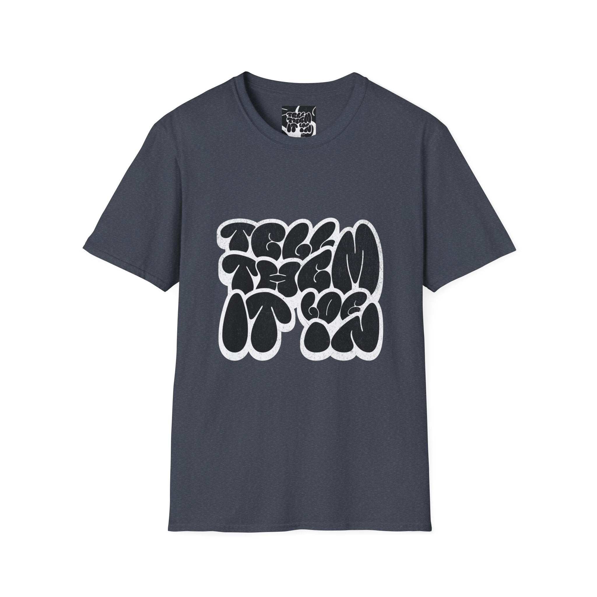 Abstract Bubble Letter Graphic "LOG IT IN" T-Shirt — Vintage Black Text Design