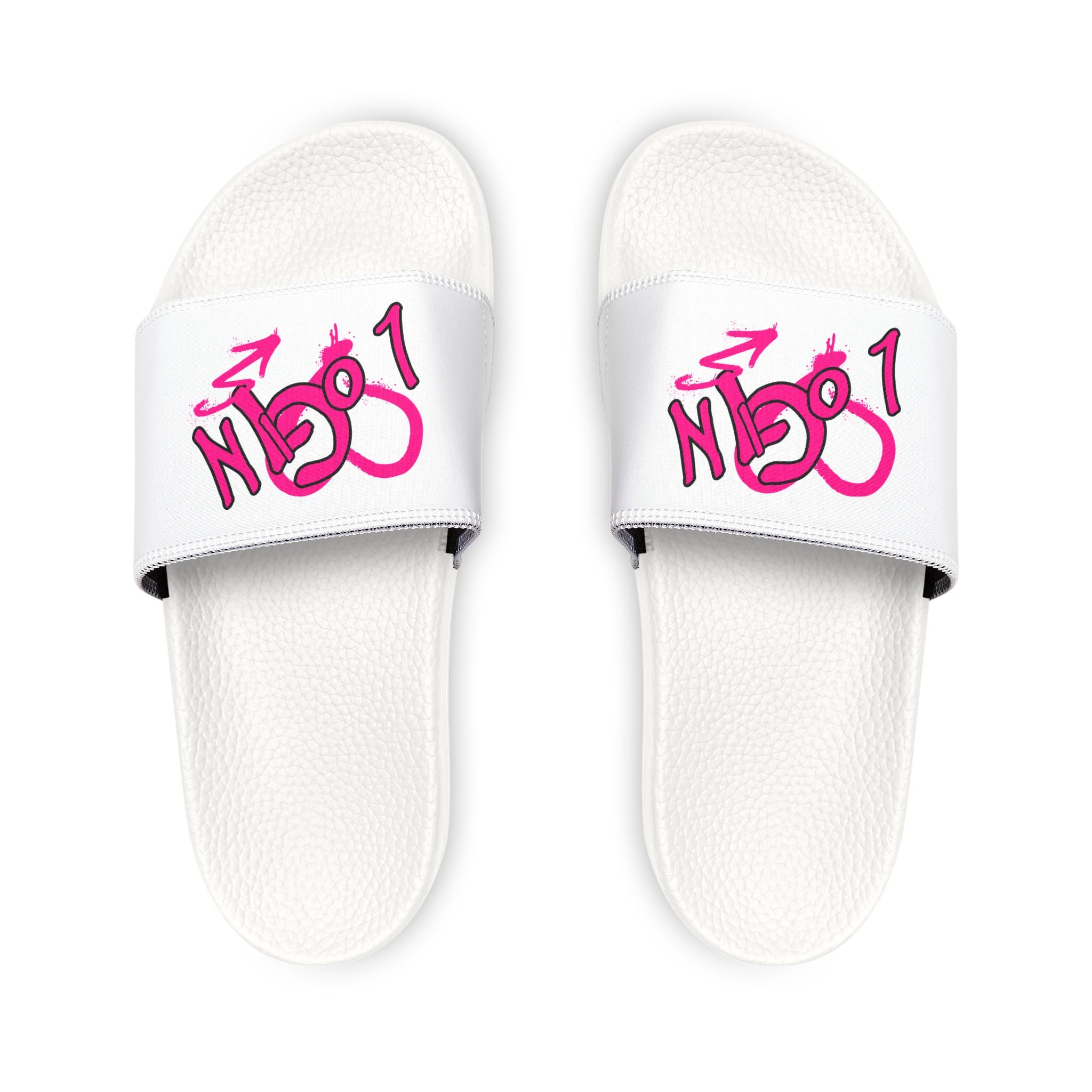 Women's Slide Sandals — White Removable-Strap Slides with Pink Graffiti "LOGIN" Design