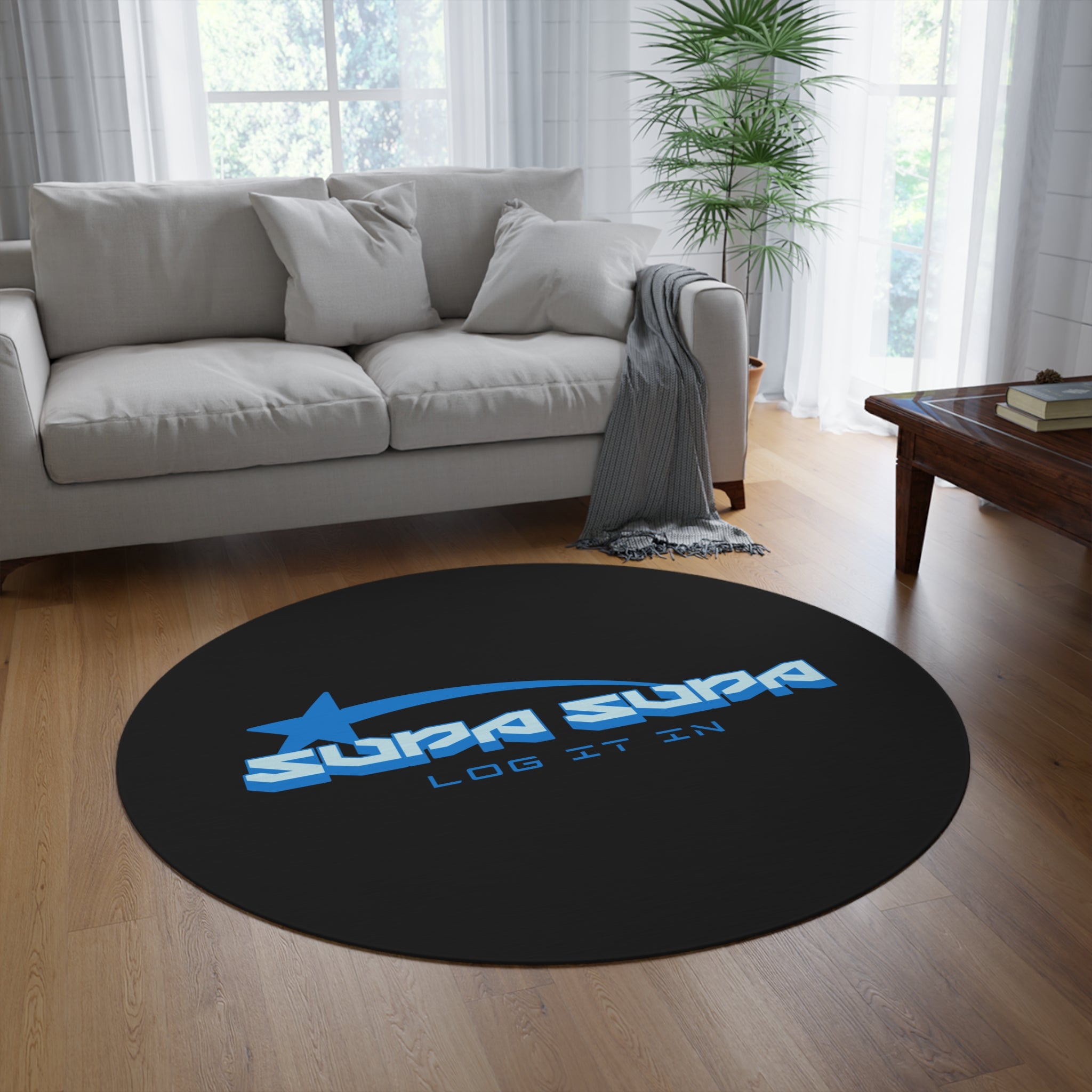 Round Rug — Retro Blue 'SUPA SUPA' Logo Floor Mat (Log It In)
