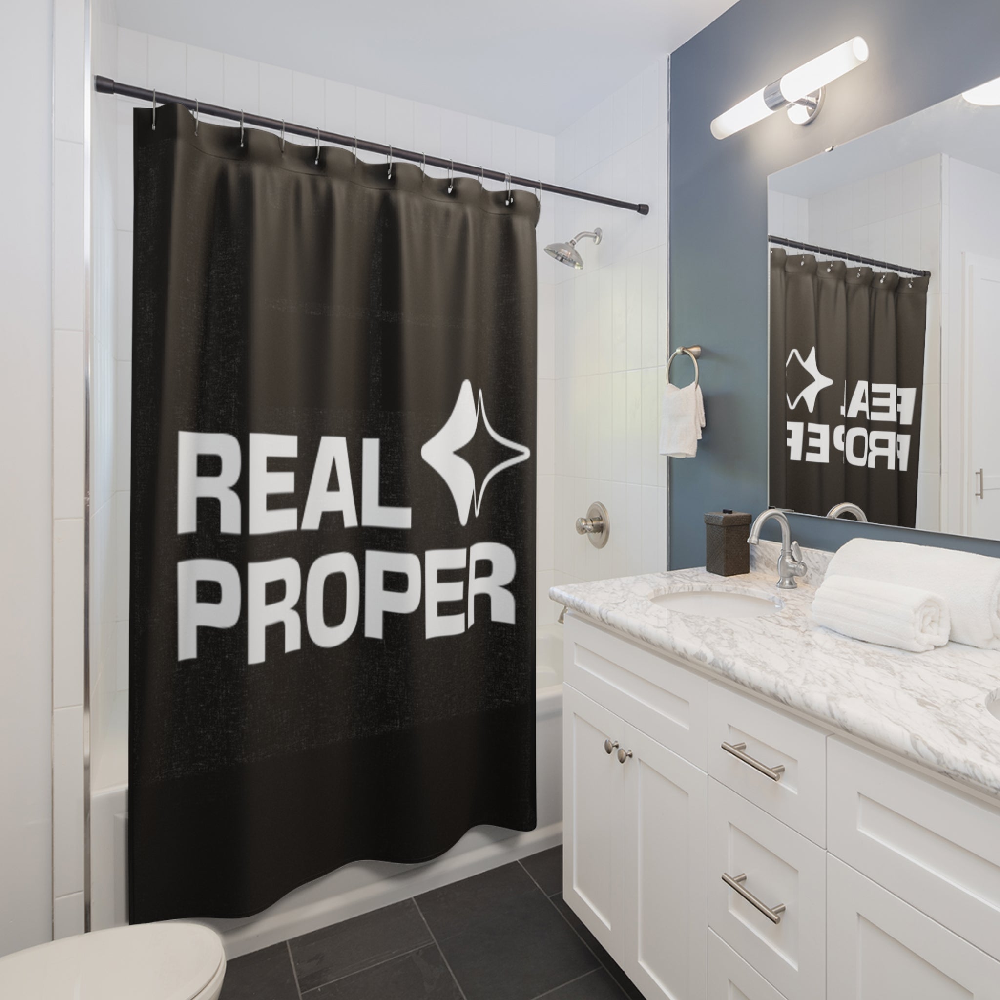 Real Proper Shower Curtain — Bold Black Graphic Bathroom Decor