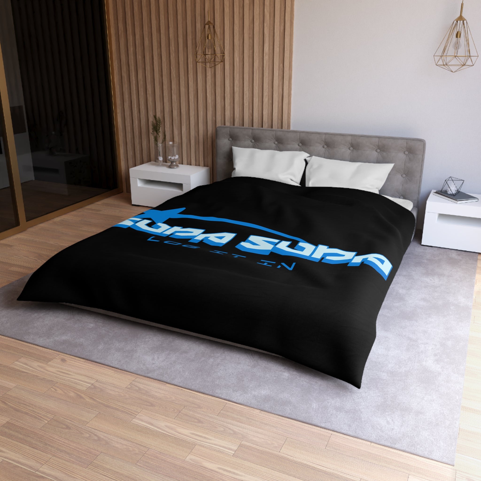 Duvet Cover — Black 'Supa Supa Log It In' Graphic Microfiber Bedding