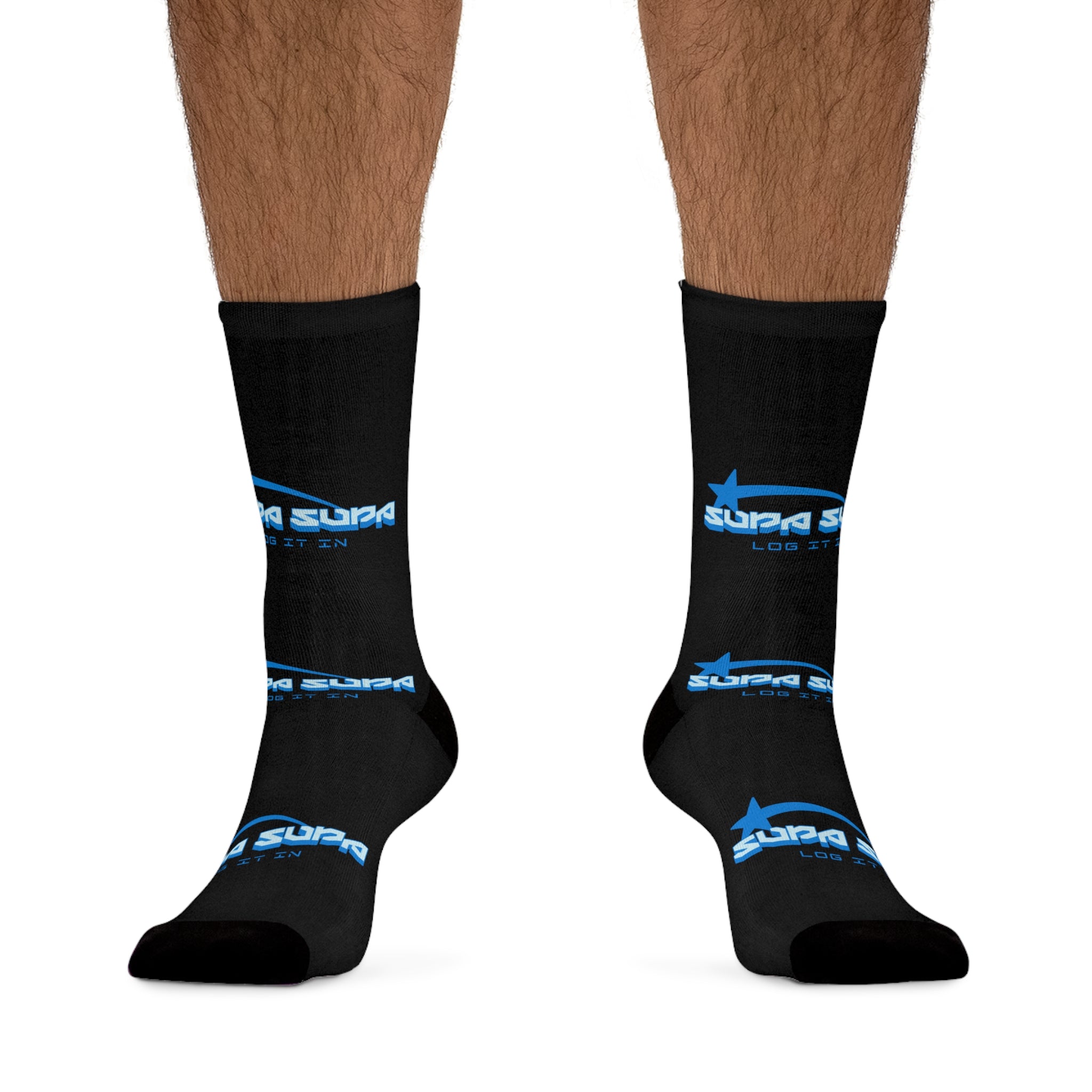 Black Logo Socks — Blue 'Supa Supa' Polyester Socks