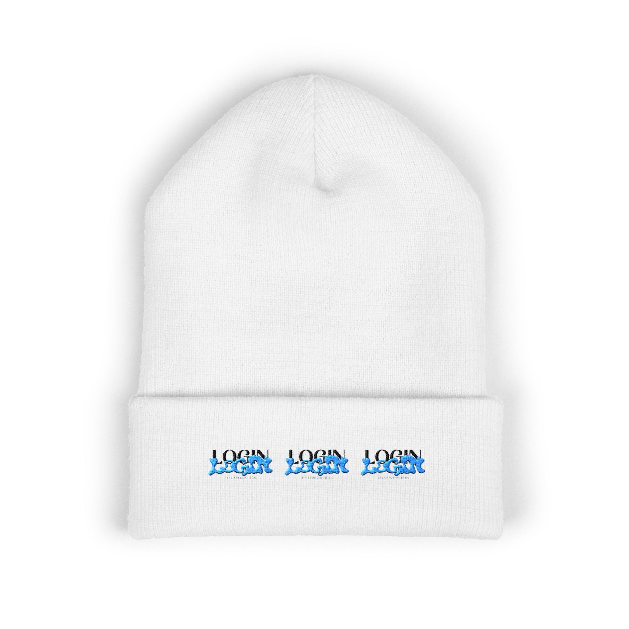 Embroidered 'Login' Cuffed Beanie — Minimal Winter Knit Hat