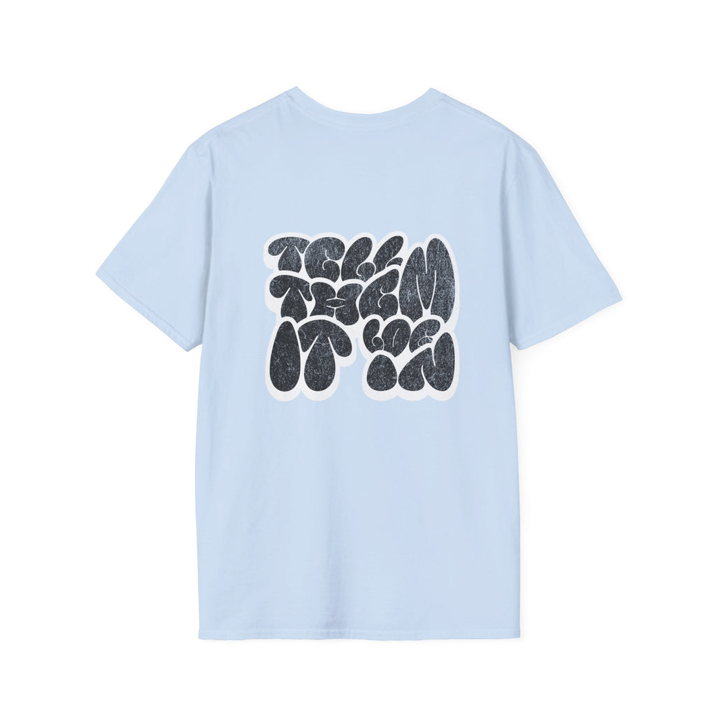 Abstract Bubble Letter Graphic "LOG IT IN" T-Shirt — Vintage Black Text Design
