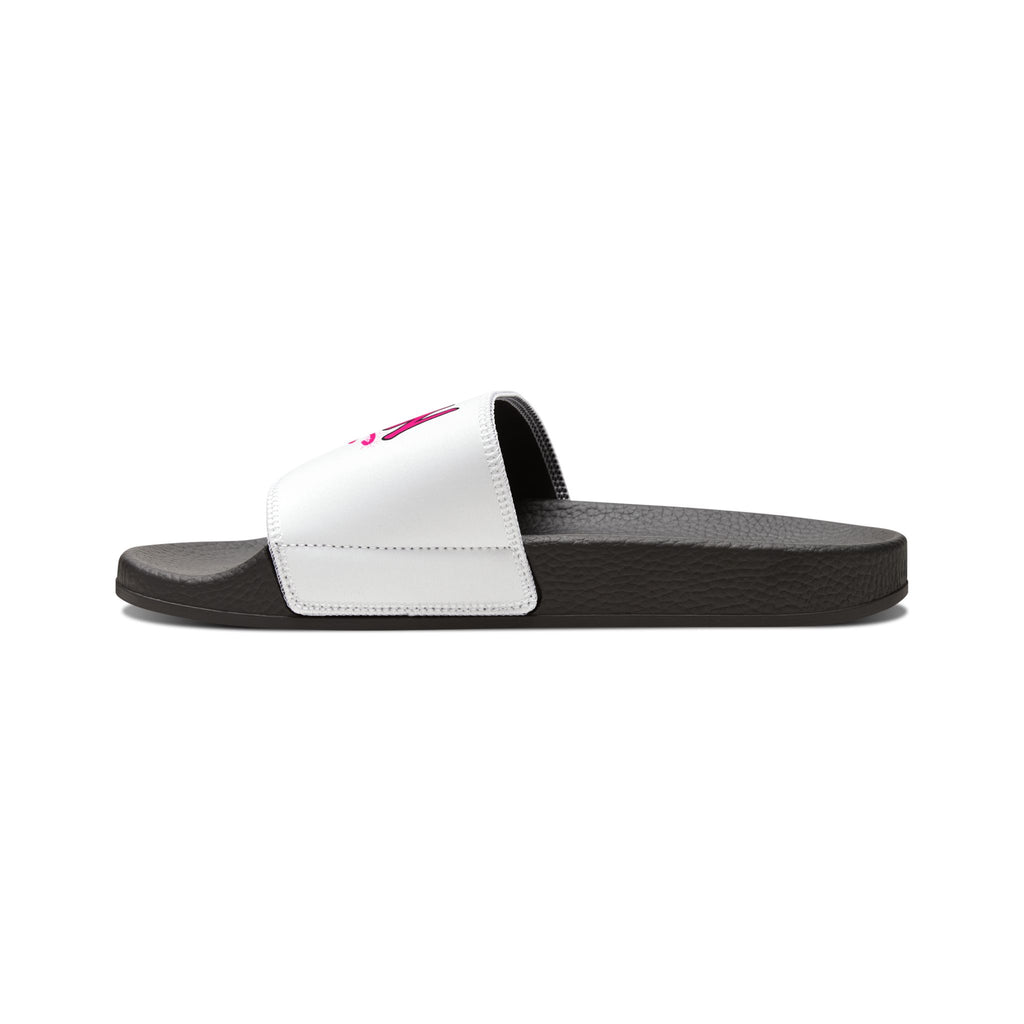 Women's Slide Sandals — White Removable-Strap Slides with Pink Graffiti "LOGIN" Design