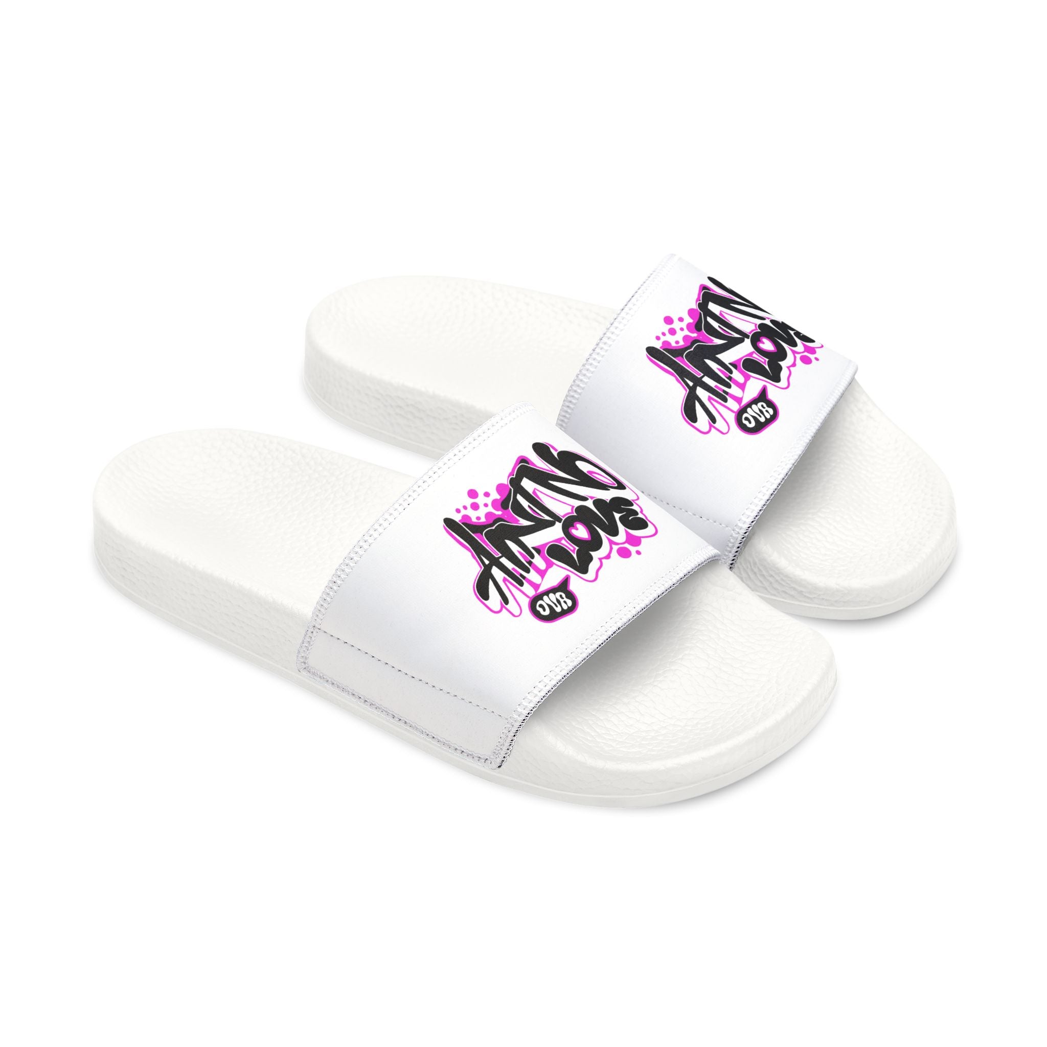 Men's White Slide Sandals with "NO LOVE" Graffiti "Ain't No Love" Design
