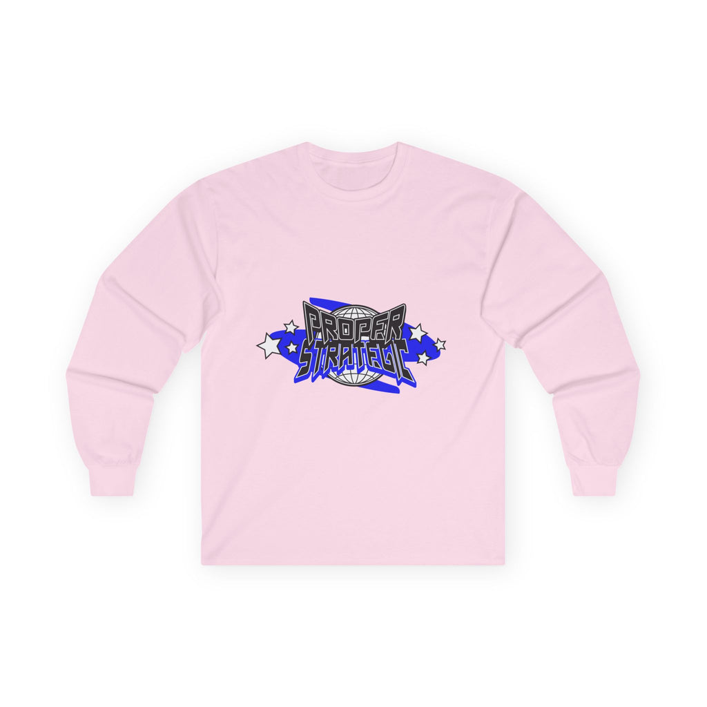 Proper Strategic Long Sleeve Tee — Retro Blue Graphic Shirt for Gamers & Strategists