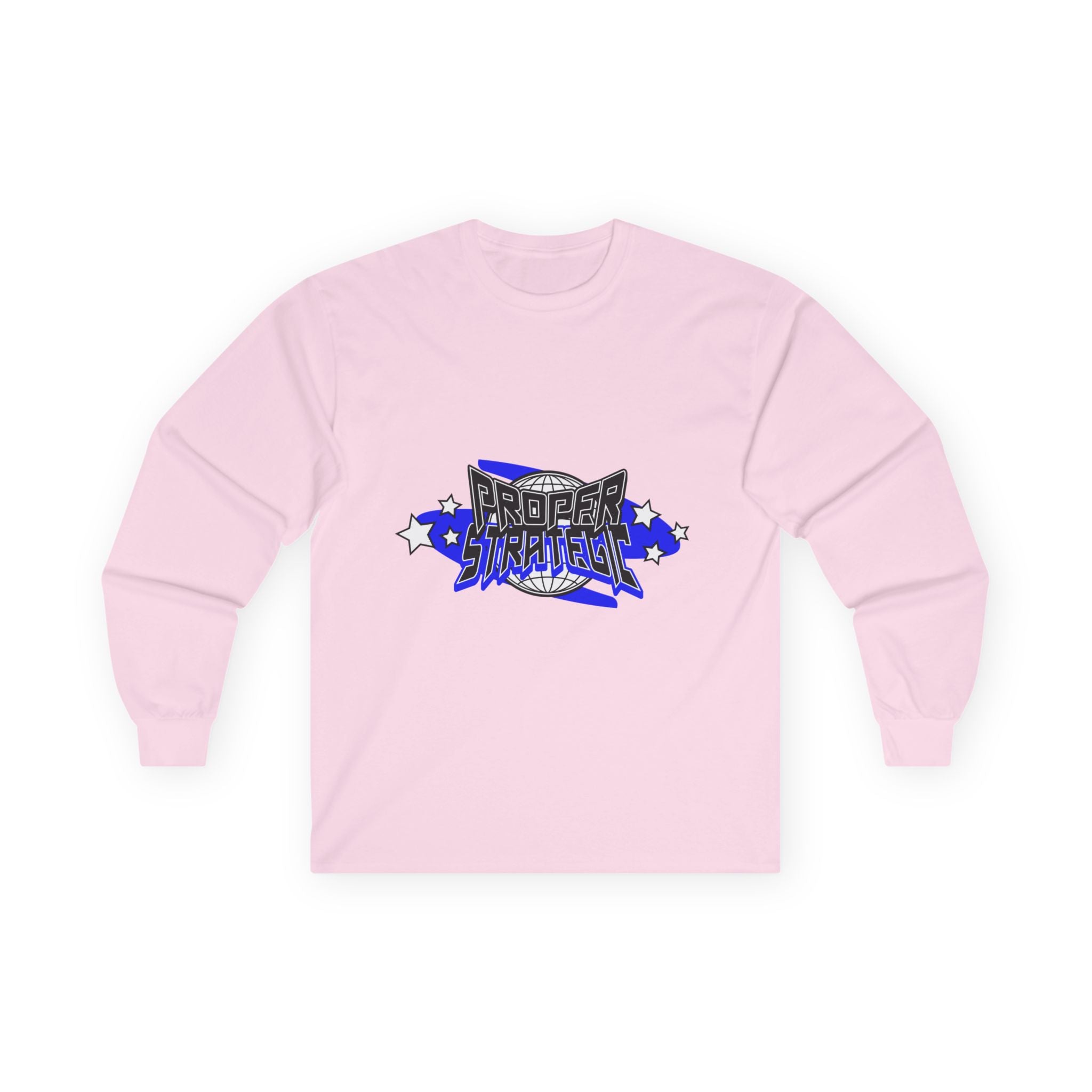 Proper Strategic Long Sleeve Tee — Retro Blue Graphic Shirt for Gamers & Strategists