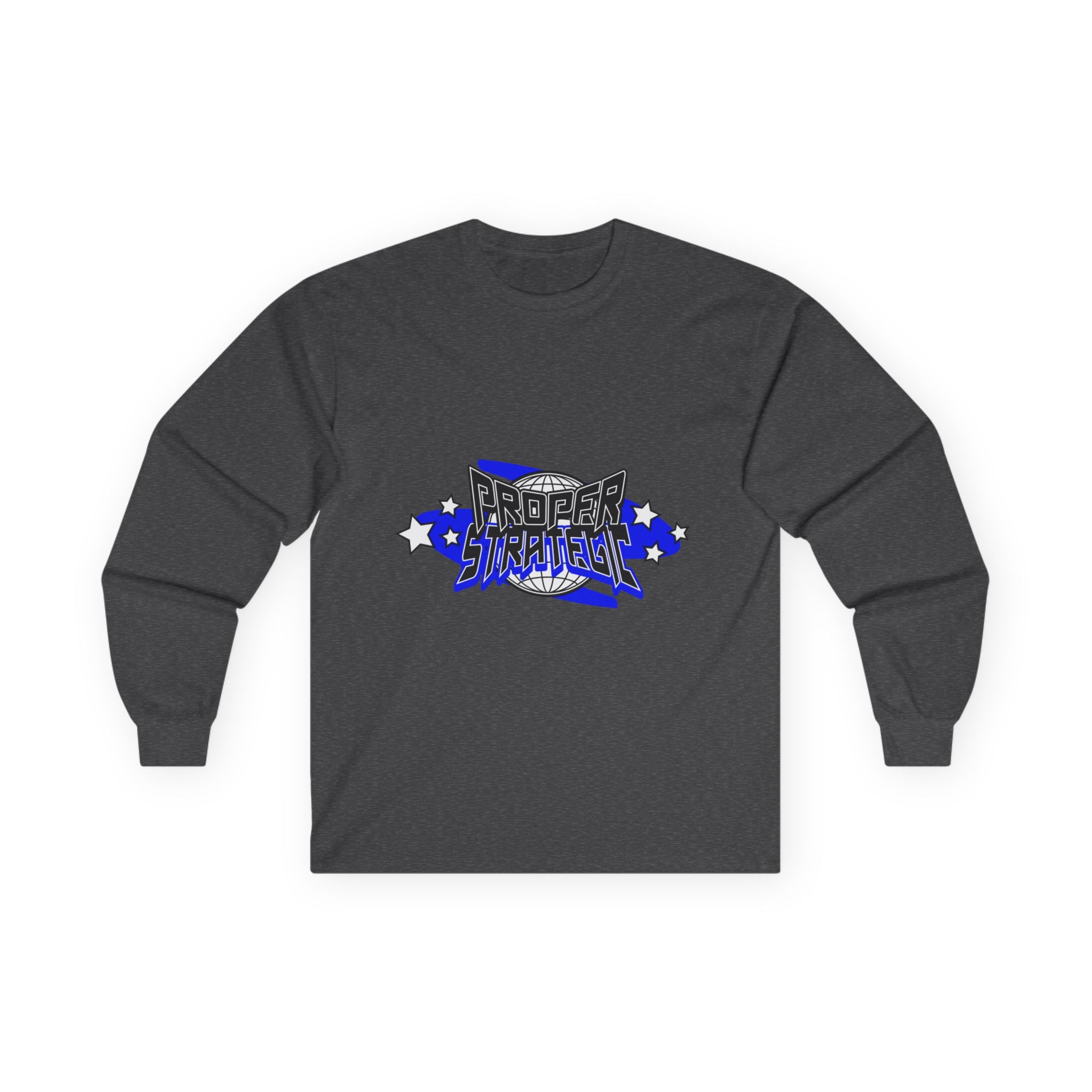 Proper Strategic Long Sleeve Tee — Retro Blue Graphic Shirt for Gamers & Strategists