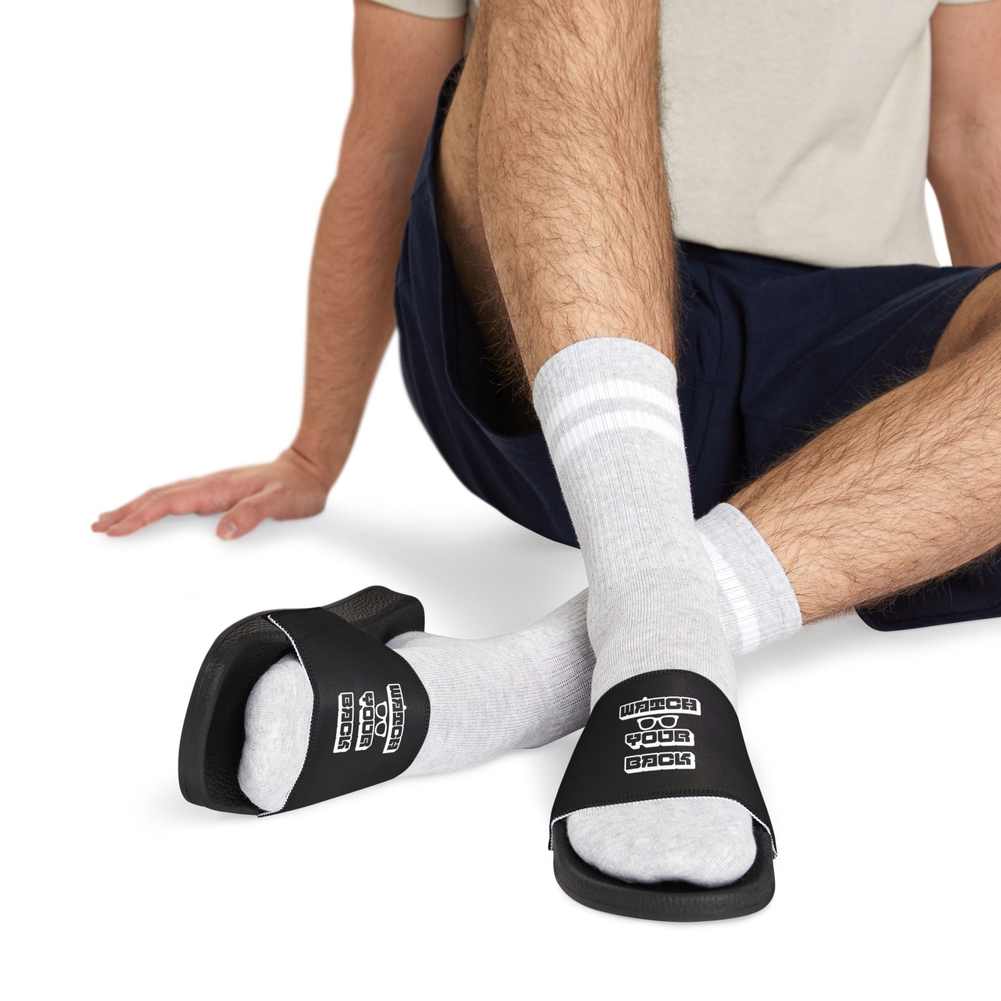 Mens Slide Sandals — Black Strap Slides with Retro "Watch your back" Logo