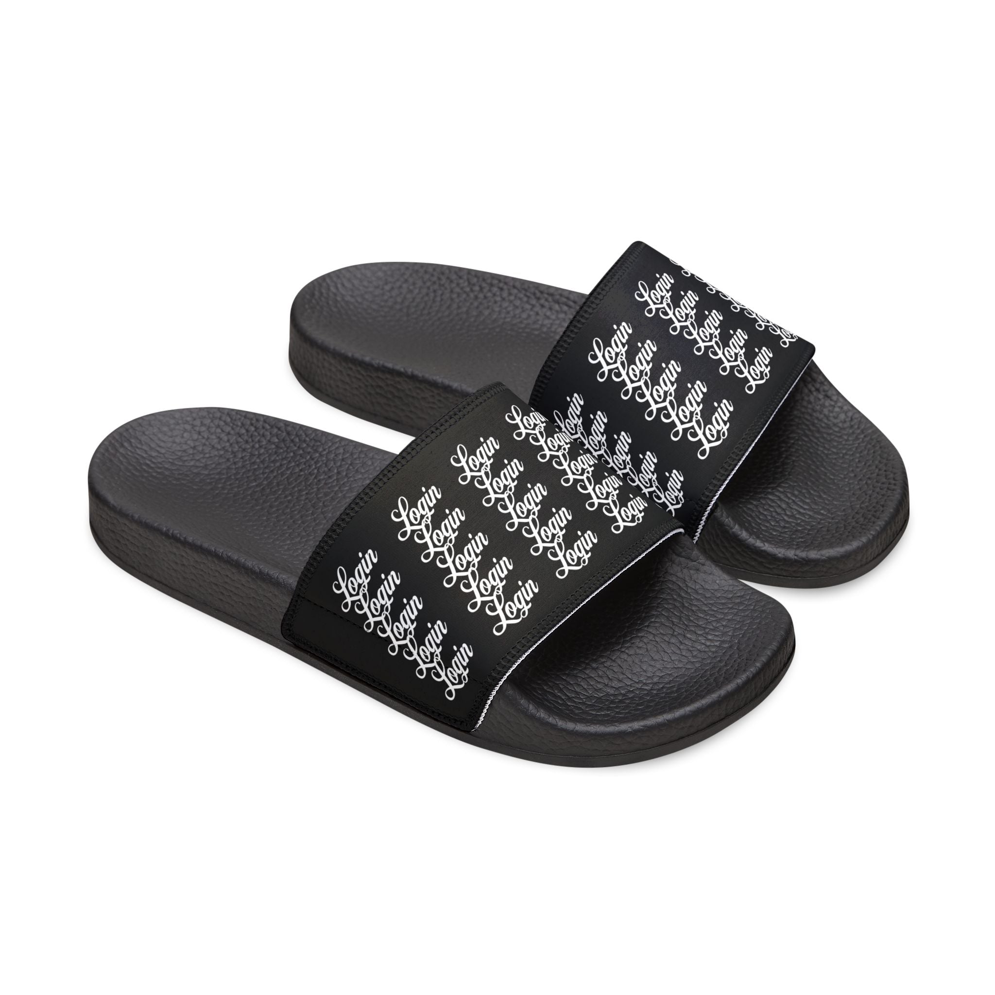 Men's Slide Sandals — Black Login Pattern Removable-Strap Pool Slides