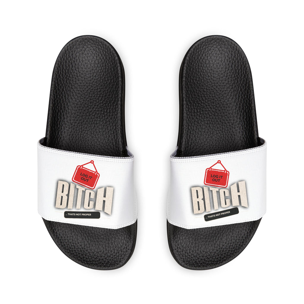Women’s Slide Sandals — Removable-Strap White Slides with 'Log it out' Badge Accent