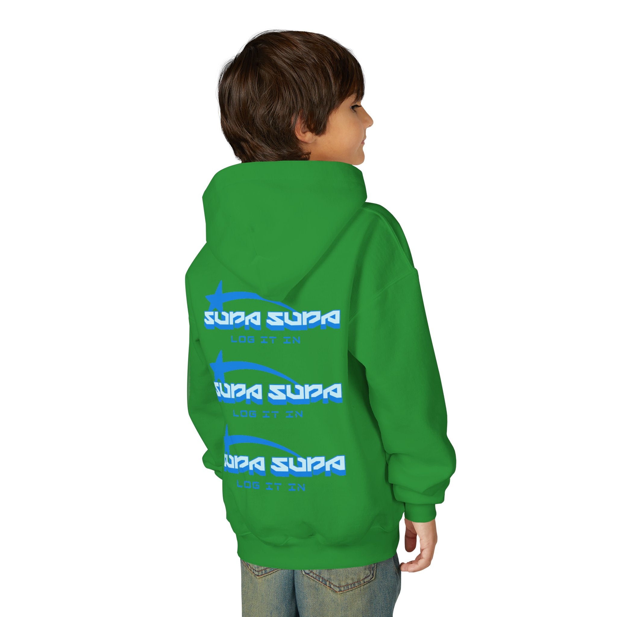 Youth Hoodie - Retro Blue "Supa Supa" Logo "Log It In" Graphic