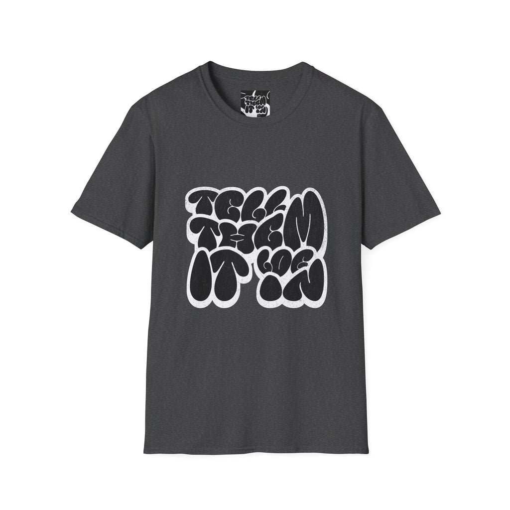 Abstract Bubble Letter Graphic "LOG IT IN" T-Shirt — Vintage Black Text Design